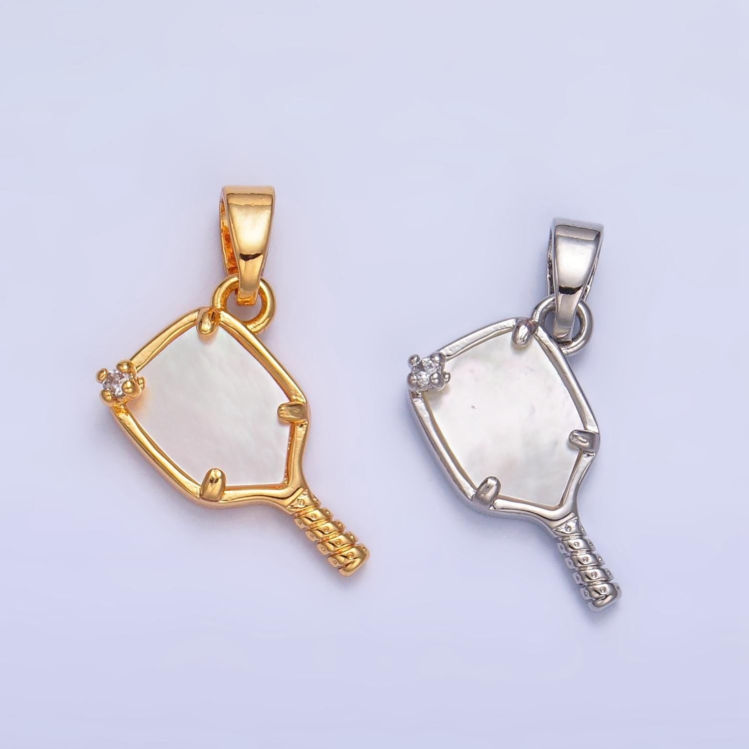 Dainty gold filled pickle ball charm with pearl paddle pendant sports jewelry inspired aa-1017