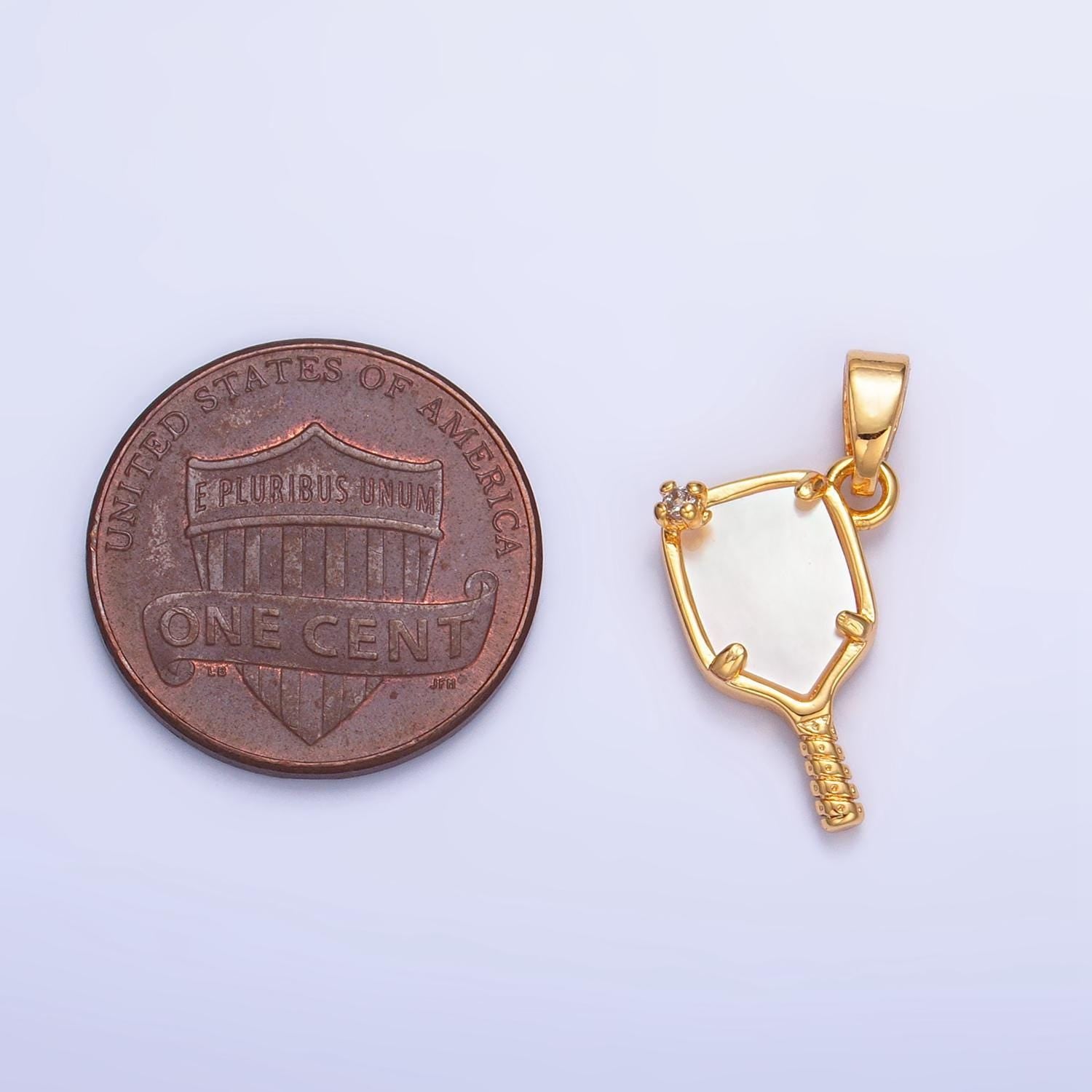Dainty gold filled pickle ball charm with pearl paddle pendant sports jewelry inspired aa-1017