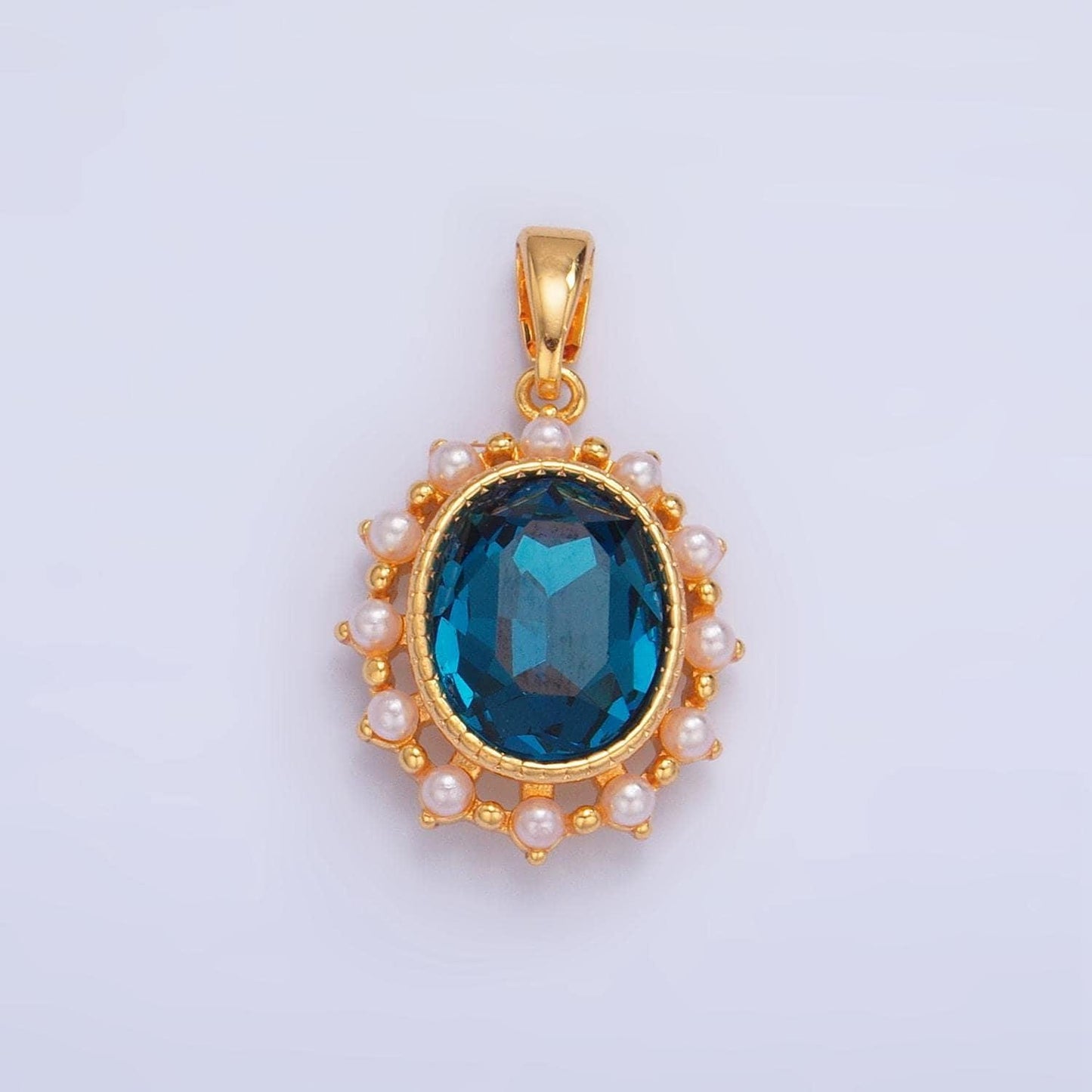 Blue cz oval shaped bezel shell pearl 24k gold filled pendant | aa-1014