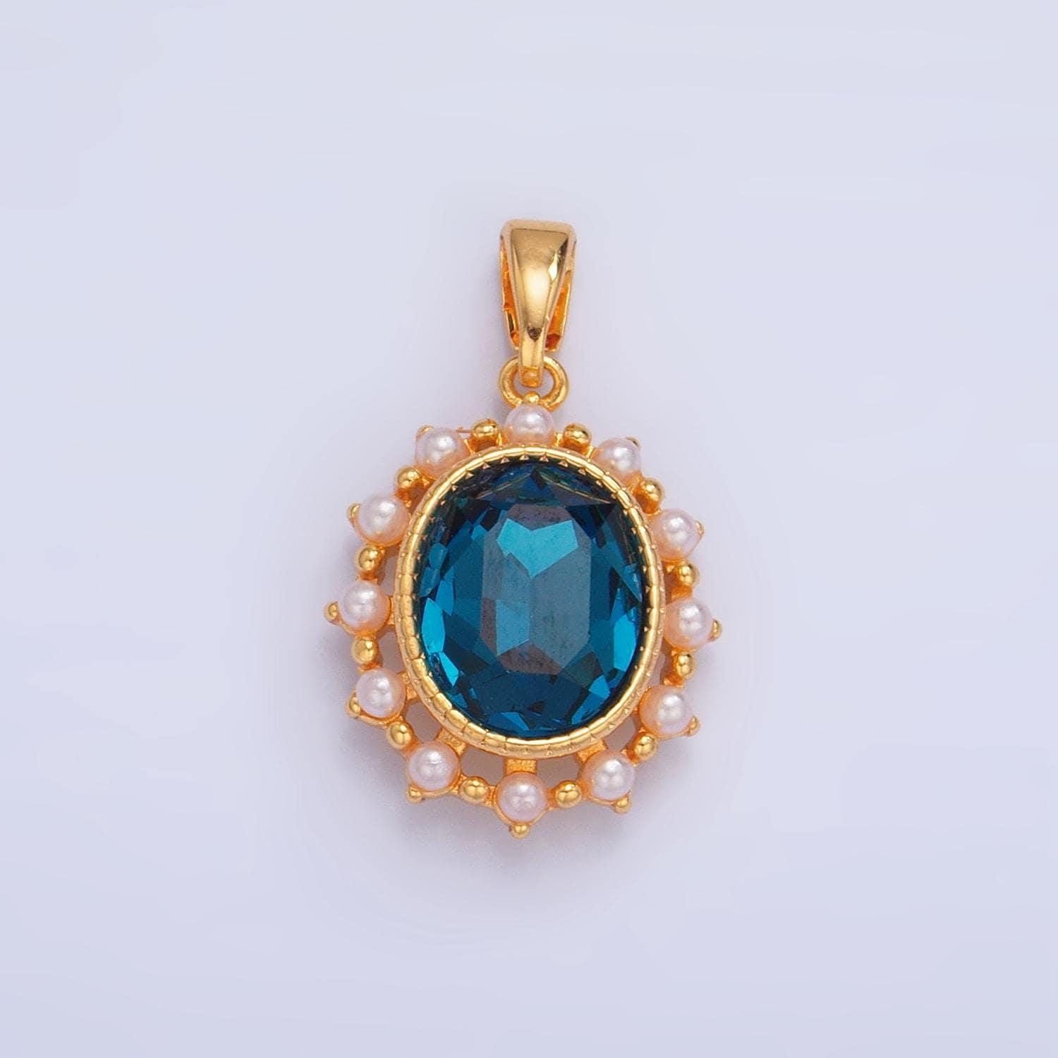 Blue cz oval shaped bezel shell pearl 24k gold filled pendant | aa-1014