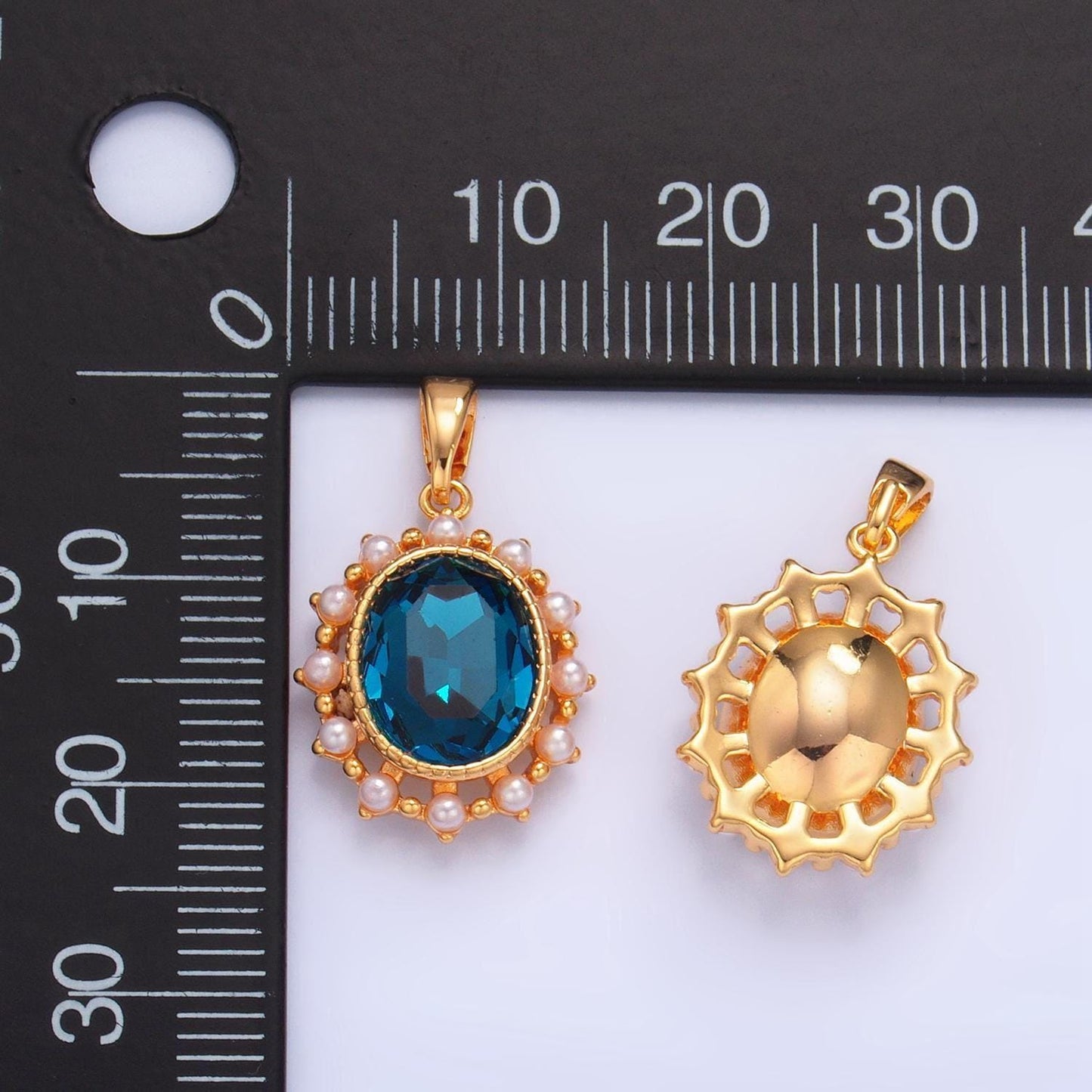 Blue cz oval shaped bezel shell pearl 24k gold filled pendant | aa-1014