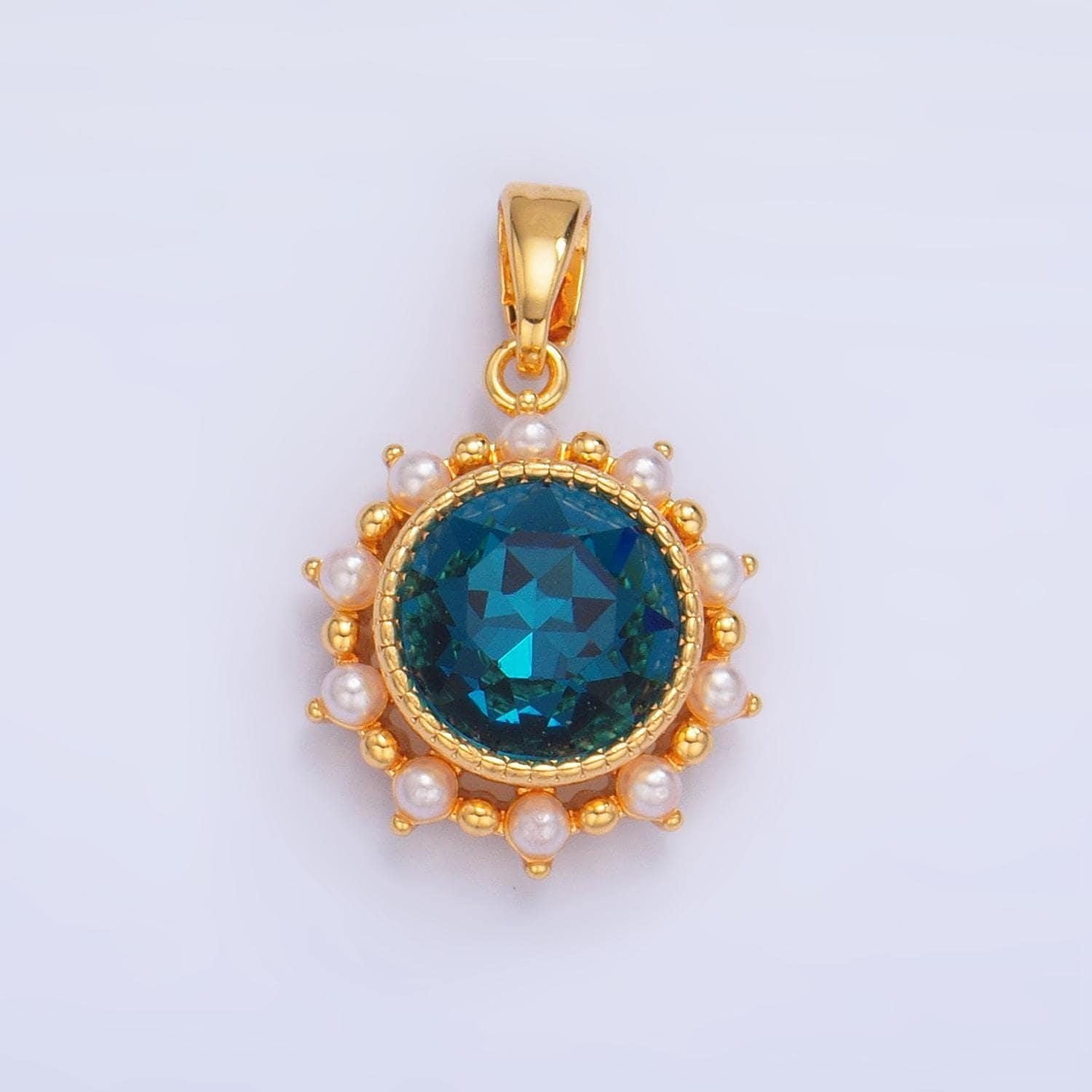 Blue cz round bezel shell pearl 24k gold filled pendant | aa-1013