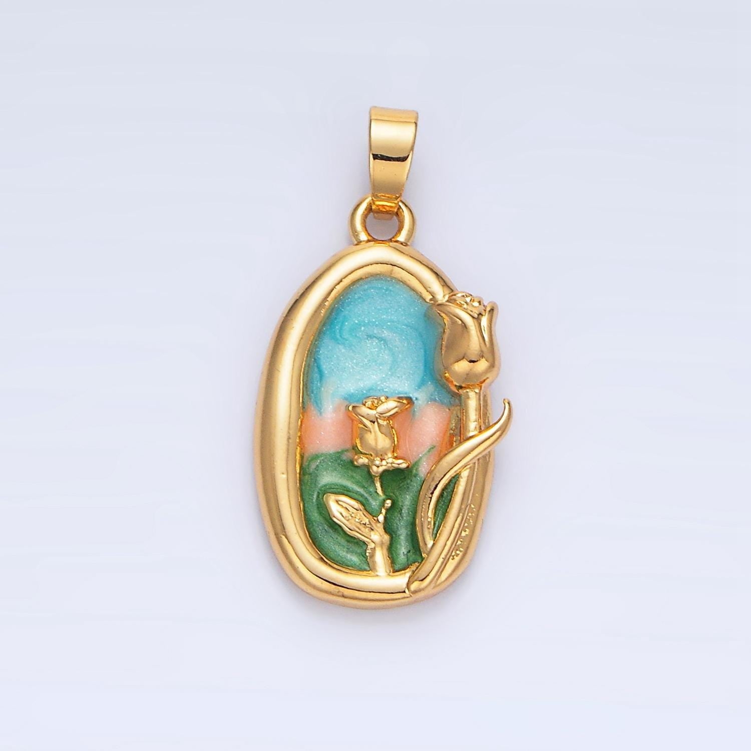 Dainty gold tulip charms white, blue enamel flower charm abstract oval charm medallion for necklace bracelet aa799