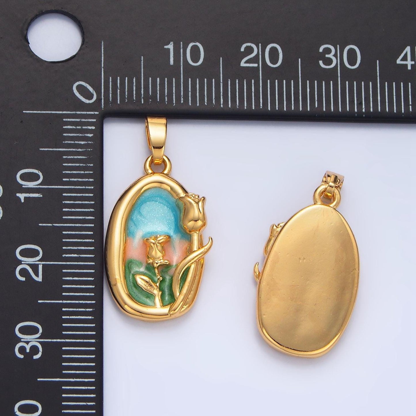 Dainty gold tulip charms white, blue enamel flower charm abstract oval charm medallion for necklace bracelet aa799