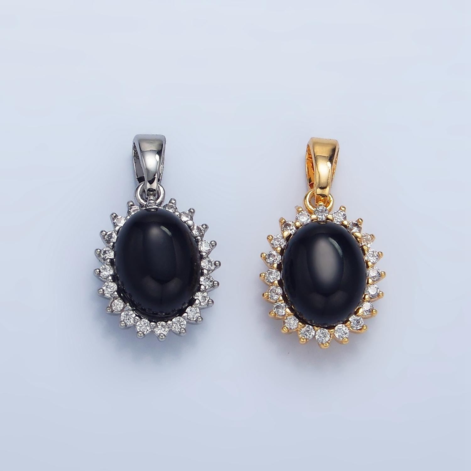 Cz micro paved black oval onyx gemstone 24k gold filled pendant in gold & silver | aa-981