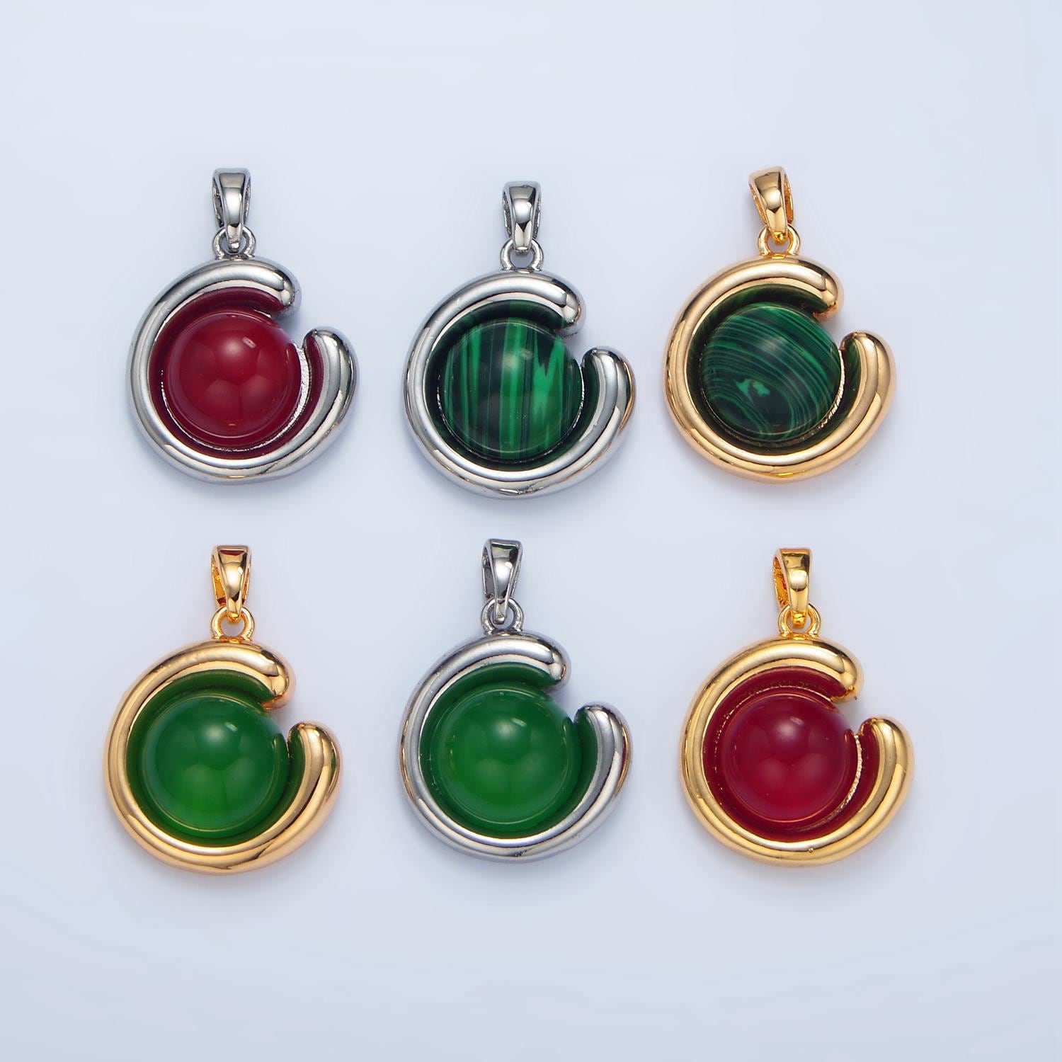 Round bubbled malachite / carnelian / aventurine gemstone in gold & silver pendant | aa976-aa978