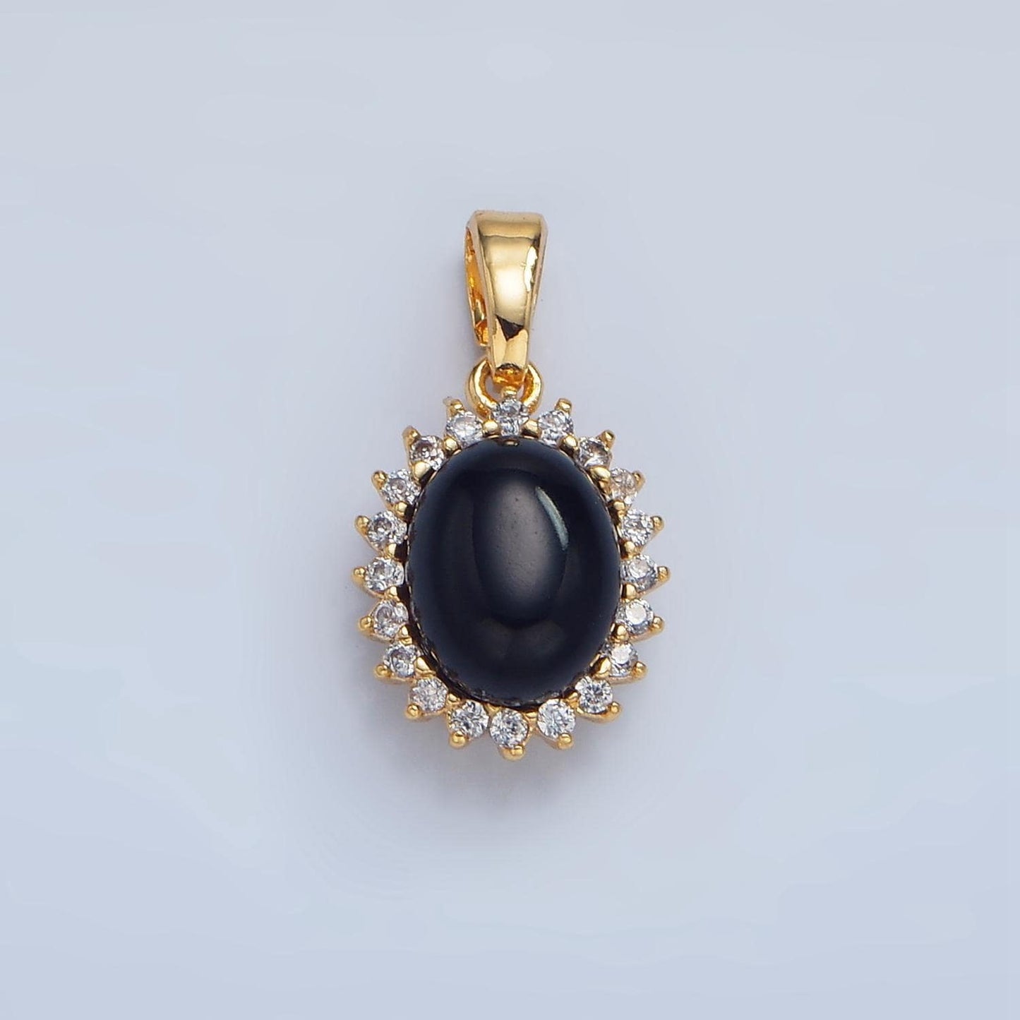 Cz micro paved black oval onyx gemstone 24k gold filled pendant in gold & silver | aa-981