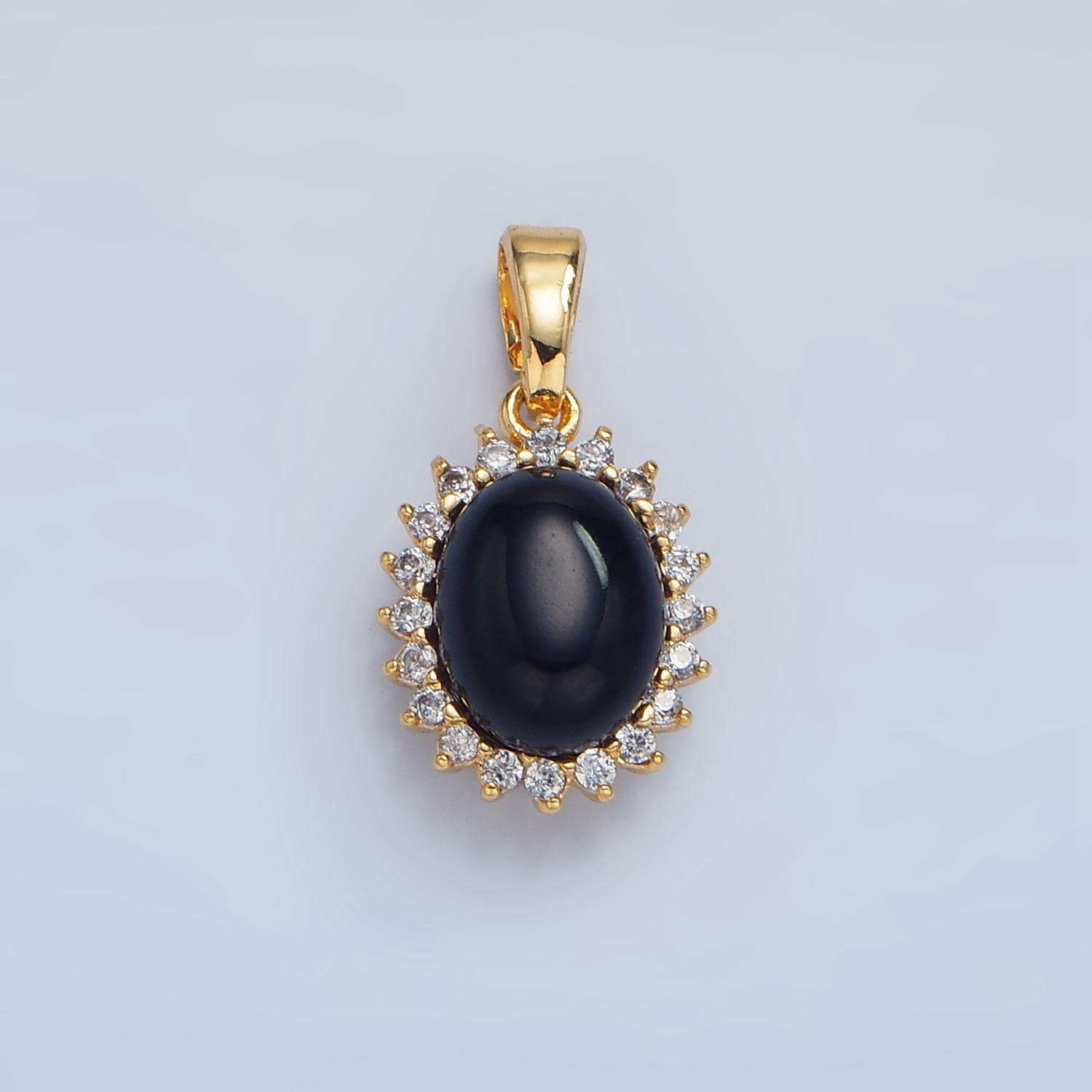 Cz micro paved black oval onyx gemstone 24k gold filled pendant in gold & silver | aa-981