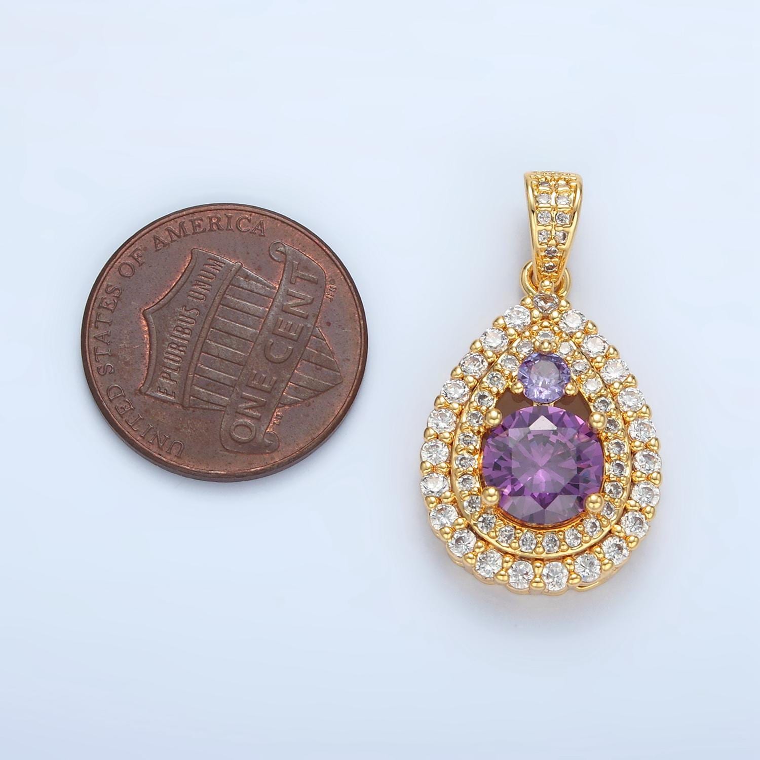 Micro paved cz teardrop purple cz , 24k gold filled pendant | aa-890