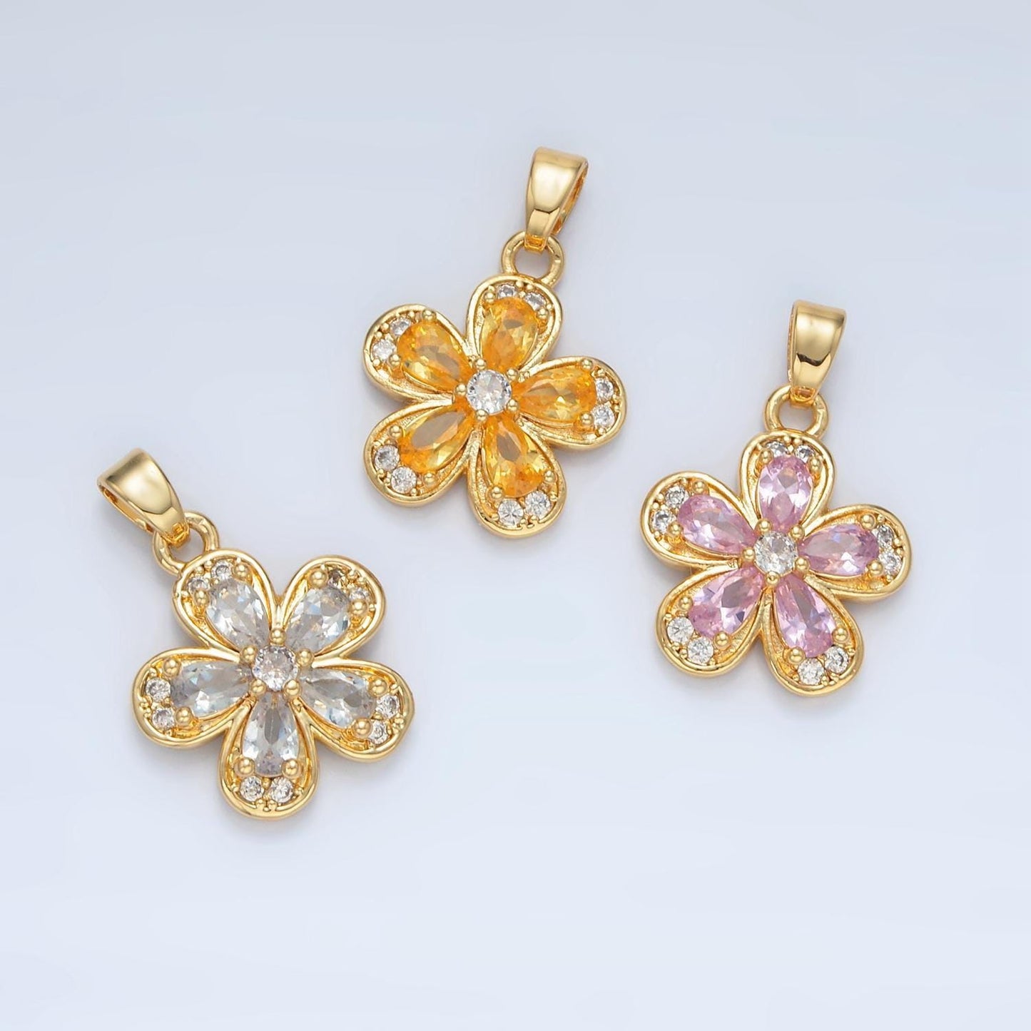 Clear, yellow, pink cz periwinkle flower 24k gold filled floral pendant | aa877-aa878