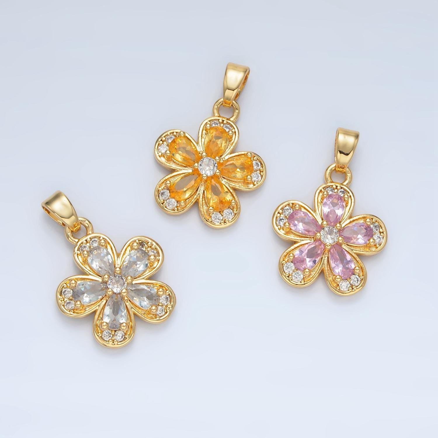 Clear, yellow, pink cz periwinkle flower 24k gold filled floral pendant | aa877-aa878