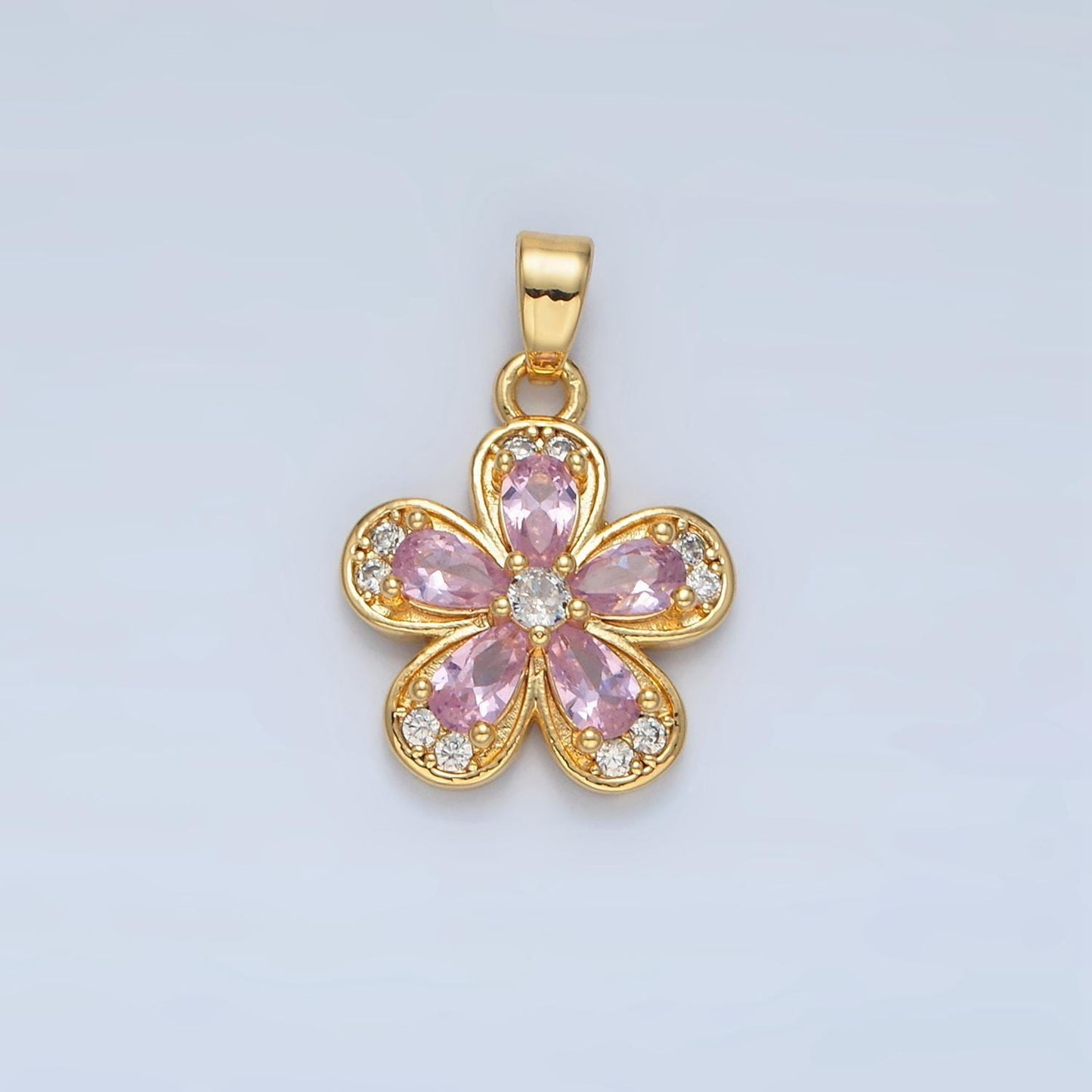 Clear, yellow, pink cz periwinkle flower 24k gold filled floral pendant | aa877-aa878