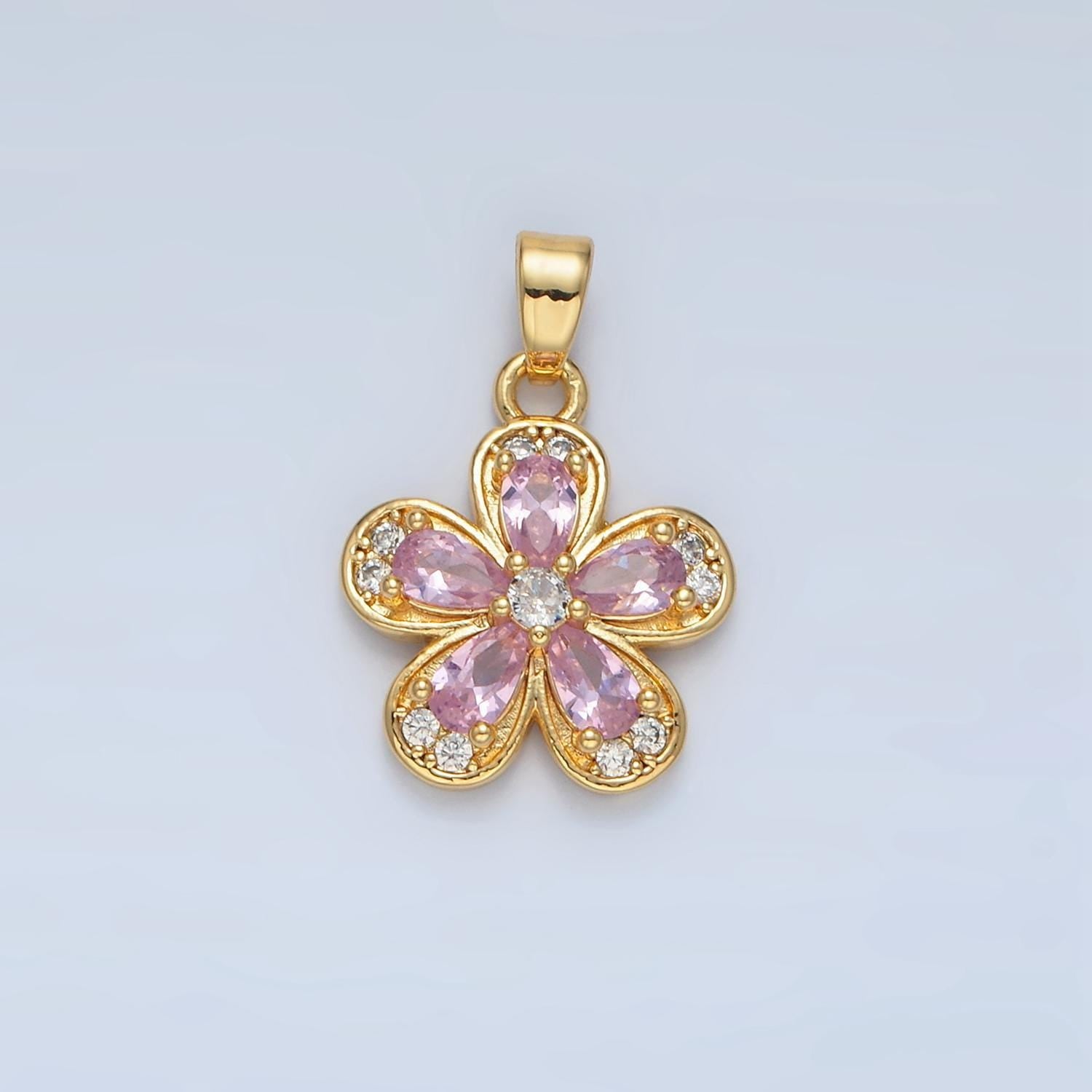 Clear, yellow, pink cz periwinkle flower 24k gold filled floral pendant | aa877-aa878