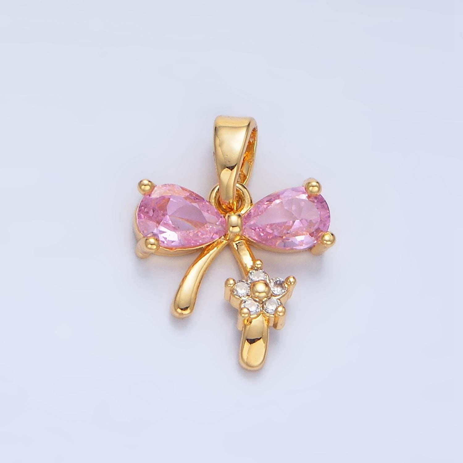 24k gold filled bow charms cz charm pink clear micro pave bow mini bow pendant cubic zirconia charm for bracelet necklace aa797