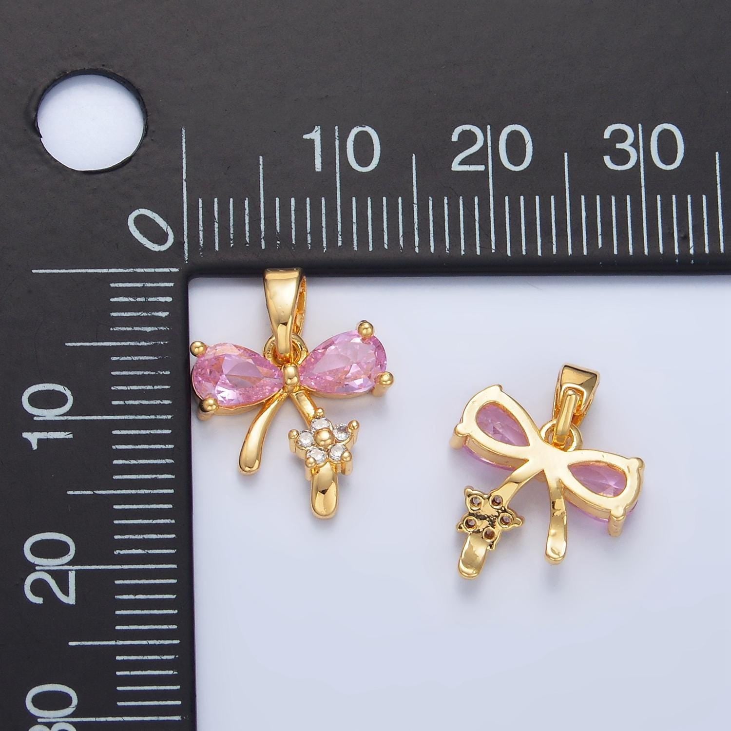 24k gold filled bow charms cz charm pink clear micro pave bow mini bow pendant cubic zirconia charm for bracelet necklace aa797