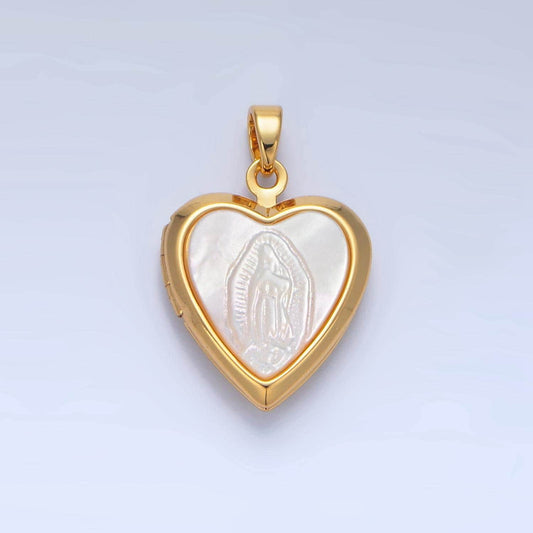 Holy mary / guadalupe heart shell pearl locket 24k gold filled pendant | aa-794