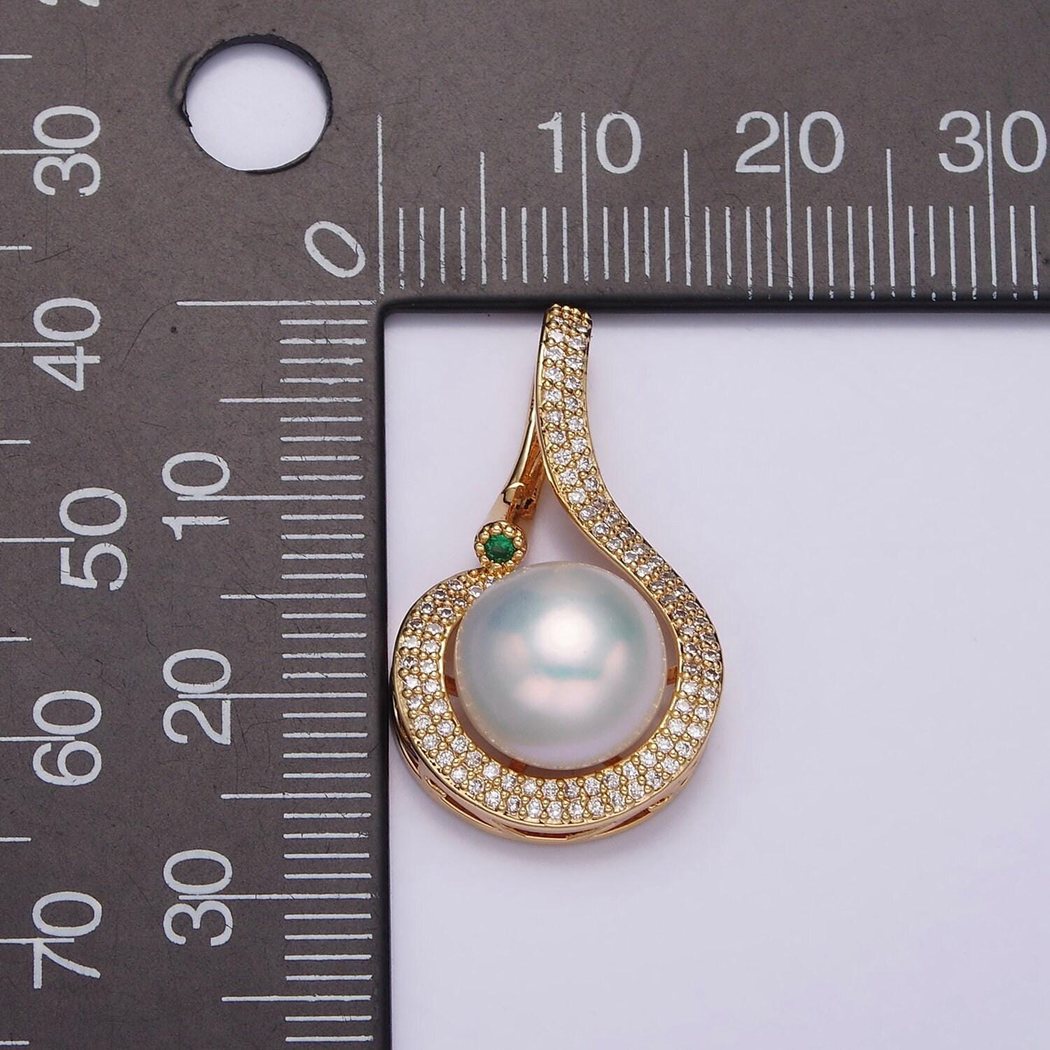 16k gold filled round white pearl curved micro paved cz pendant in gold & silver | aa775 aa776
