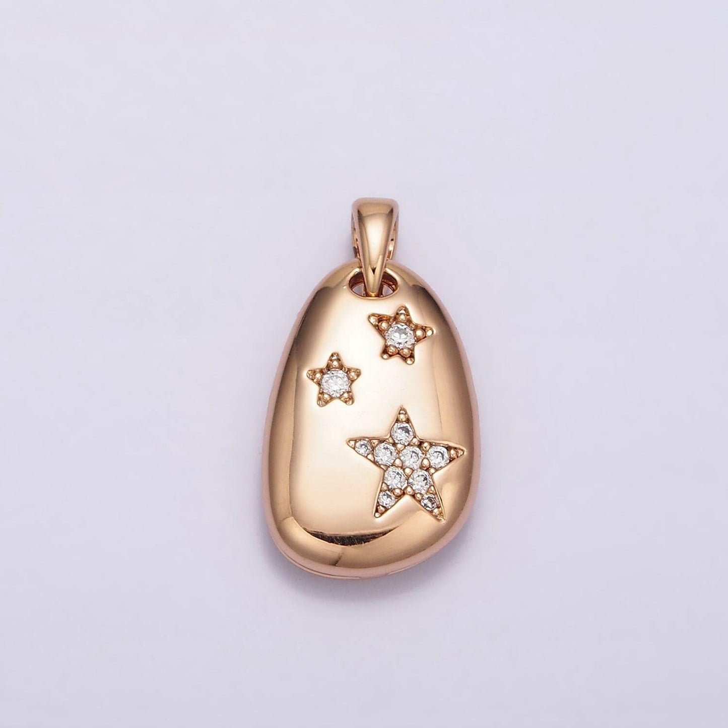18k gold filled triple star micro paved cz double sided open moon celestial abstract oval pendant pinky gold charm | aa764