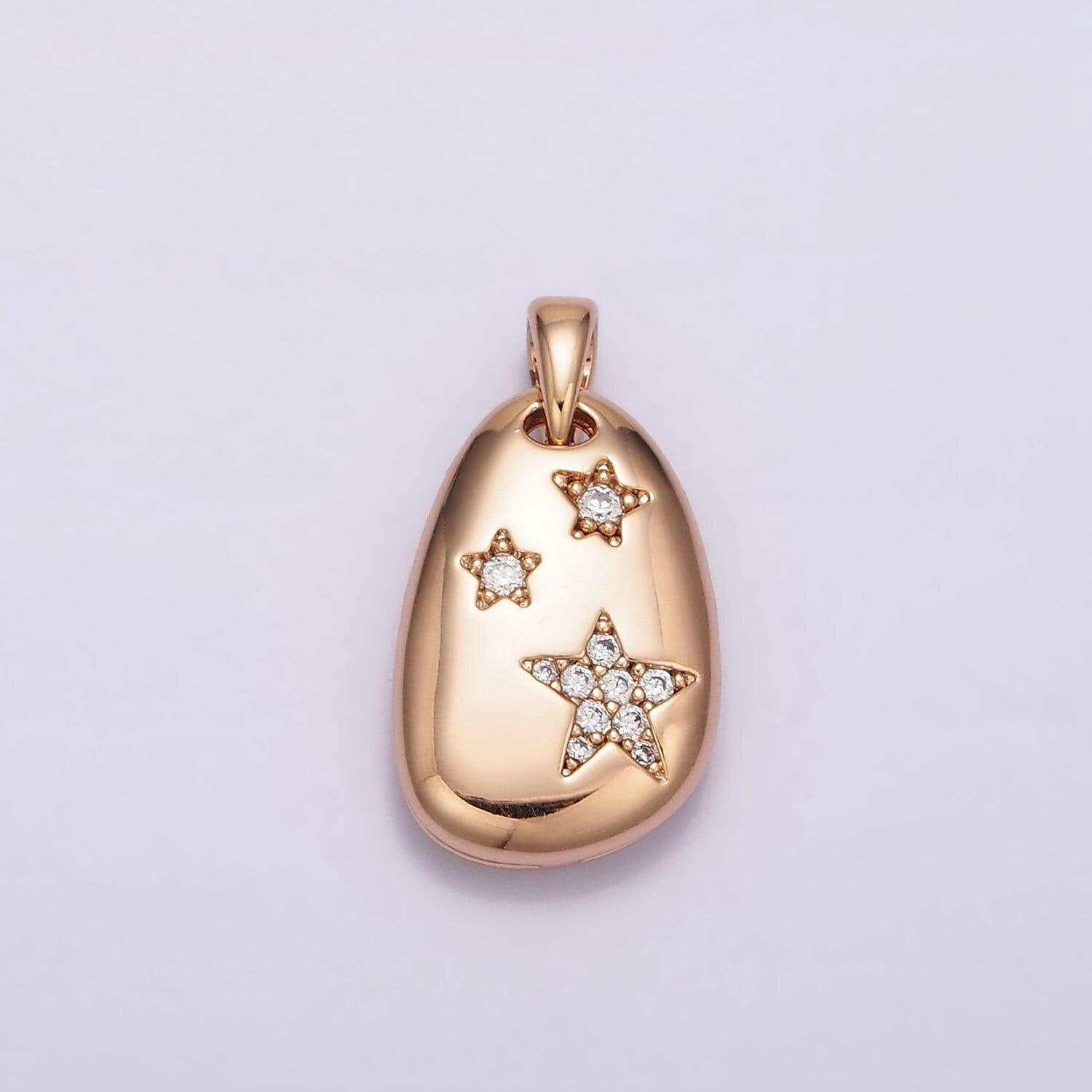 18k gold filled triple star micro paved cz double sided open moon celestial abstract oval pendant pinky gold charm | aa764