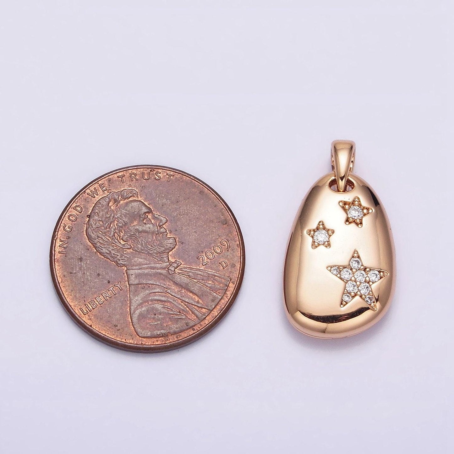 18k gold filled triple star micro paved cz double sided open moon celestial abstract oval pendant pinky gold charm | aa764
