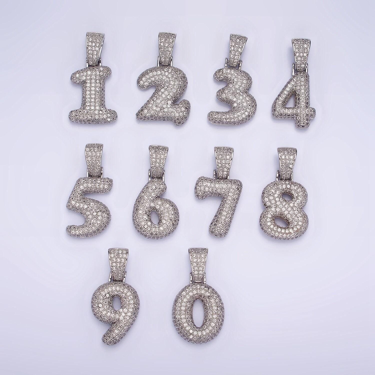 Silver bubble number pendant, hip hop bubble number cz pendant iced numeric charm pendant for men woman statement jewelry aa705
