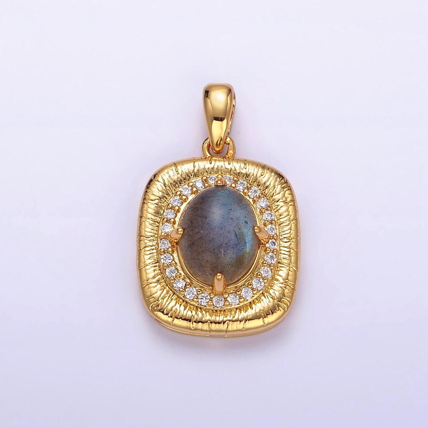 Labradorite oval charm 18.4x9.3mm gemstone pendant in 24k gold filled bezel with micro pave cz stone aa178