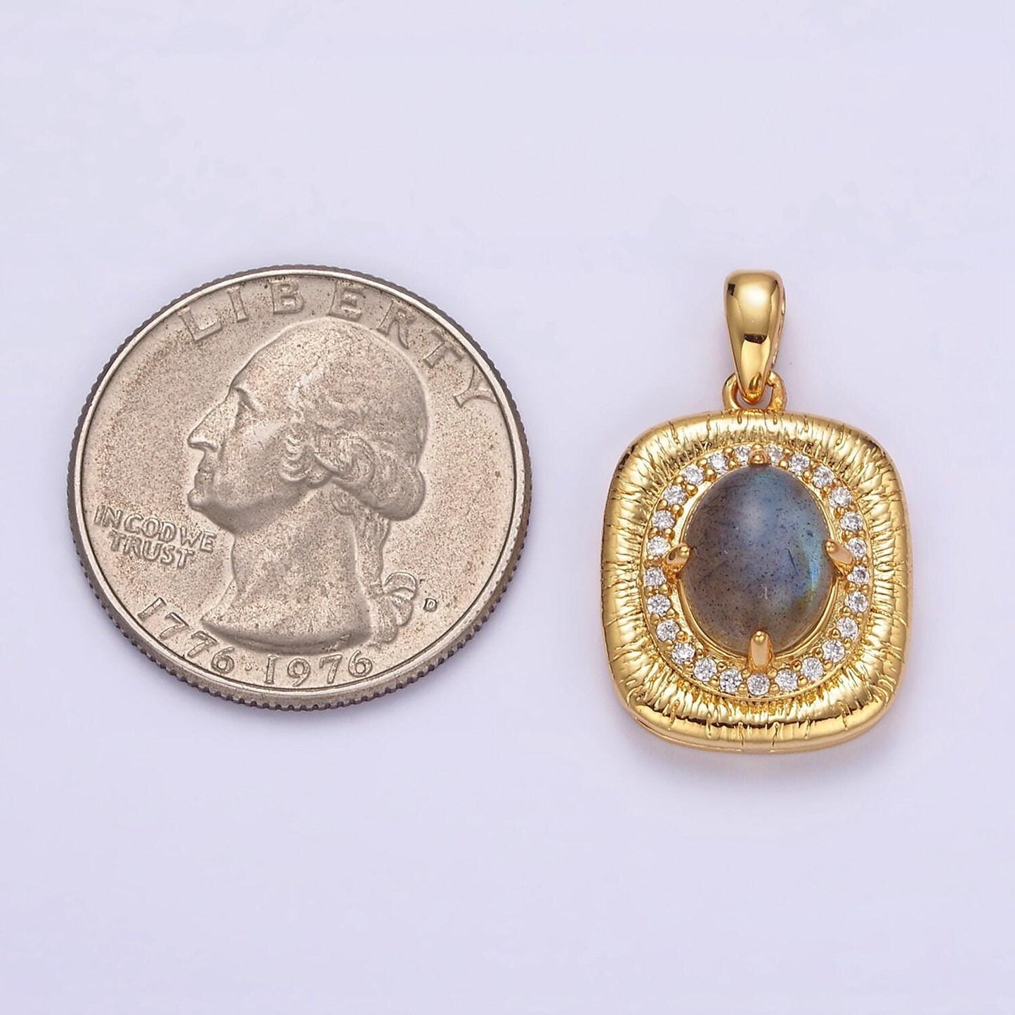 Labradorite oval charm 18.4x9.3mm gemstone pendant in 24k gold filled bezel with micro pave cz stone aa178