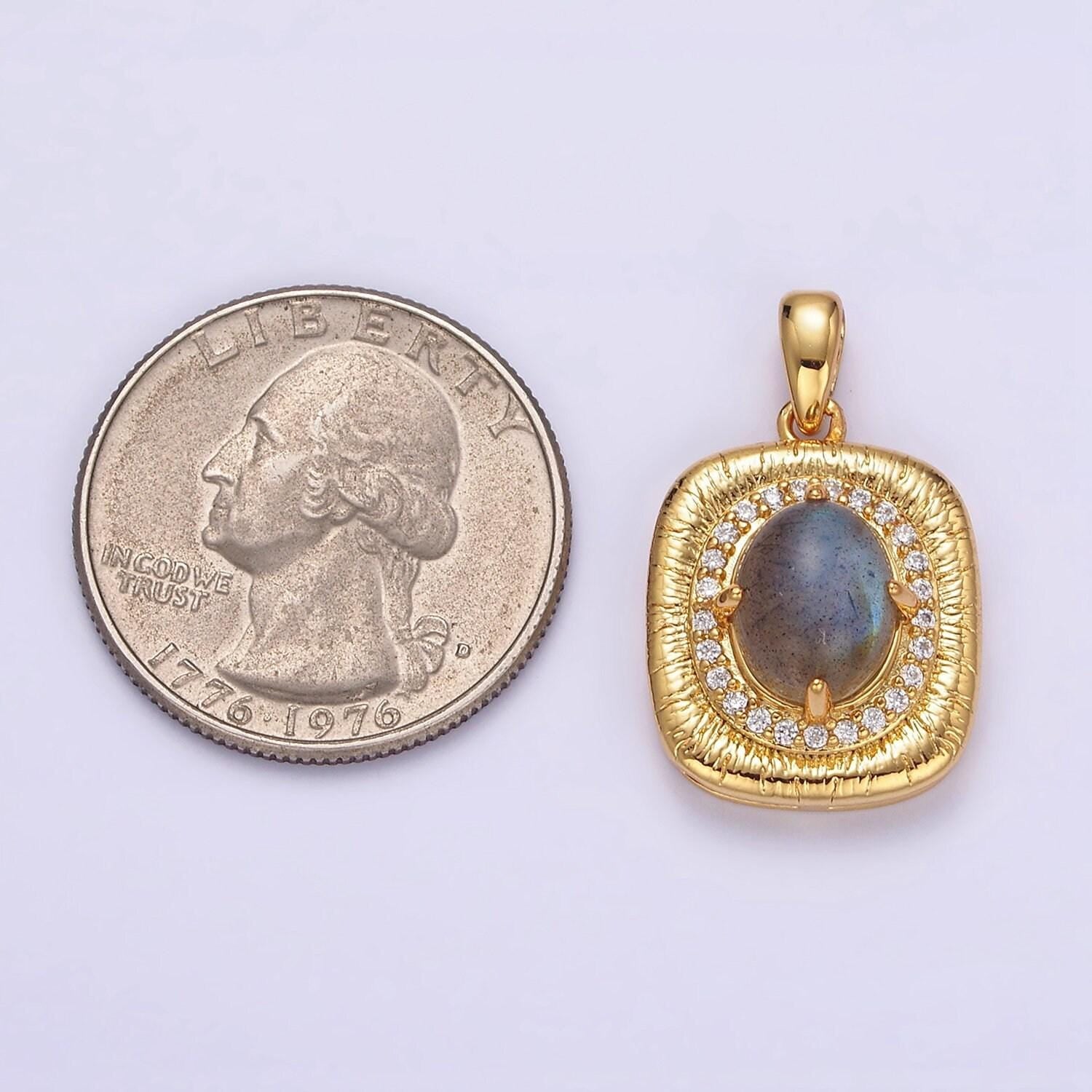 Labradorite oval charm 18.4x9.3mm gemstone pendant in 24k gold filled bezel with micro pave cz stone aa178