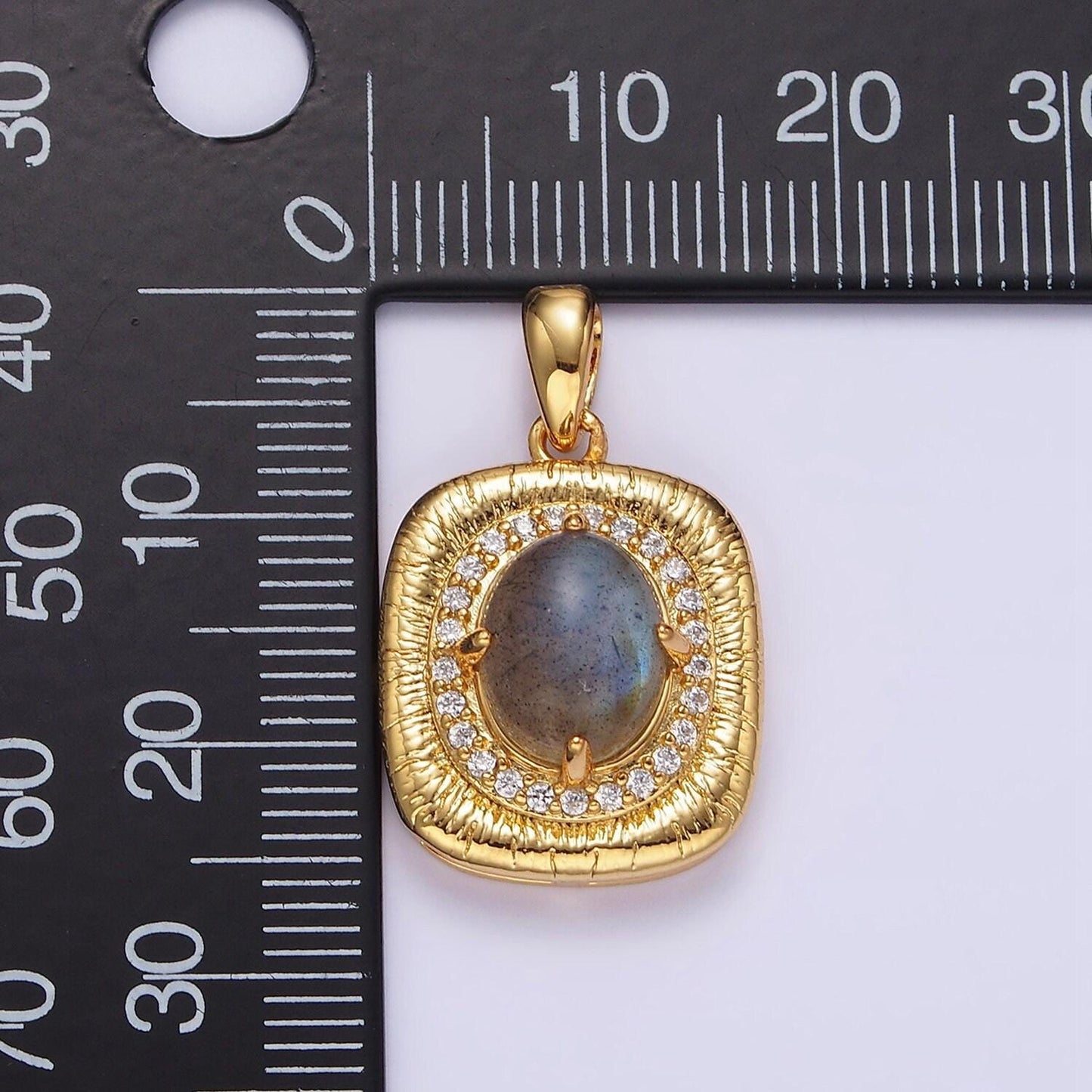 Labradorite oval charm 18.4x9.3mm gemstone pendant in 24k gold filled bezel with micro pave cz stone aa178