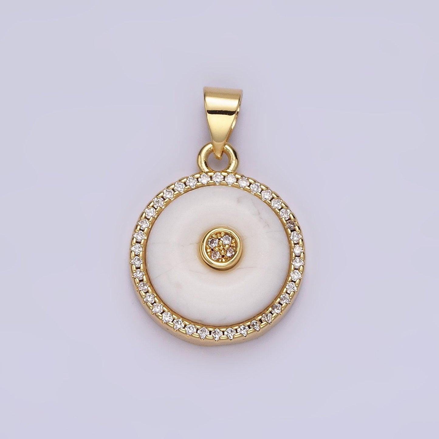 14k gold filled orange cat's eye, white howlite donut natural gemstone micro paved cz round pendant | aa662 aa663