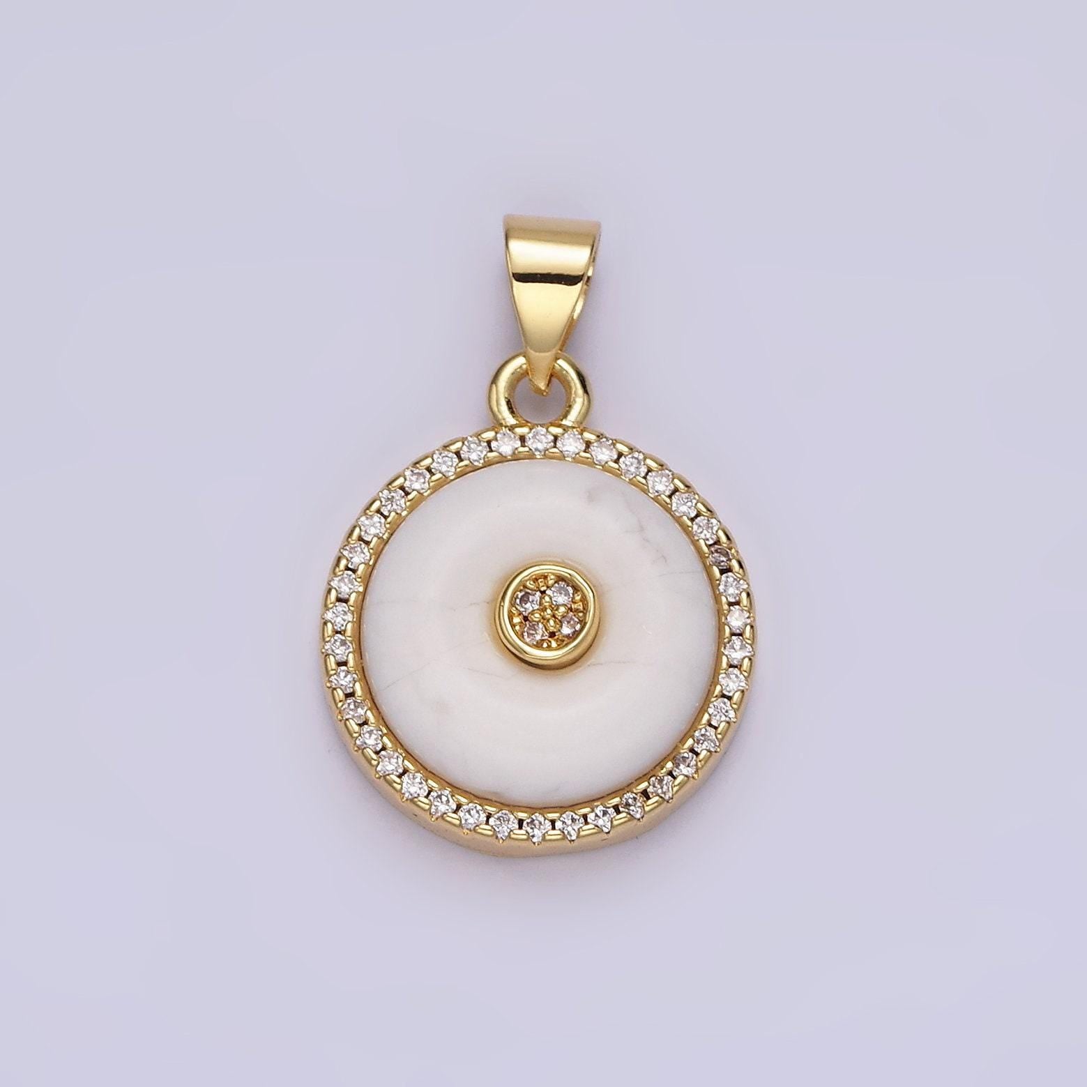 14k gold filled orange cat's eye, white howlite donut natural gemstone micro paved cz round pendant | aa662 aa663