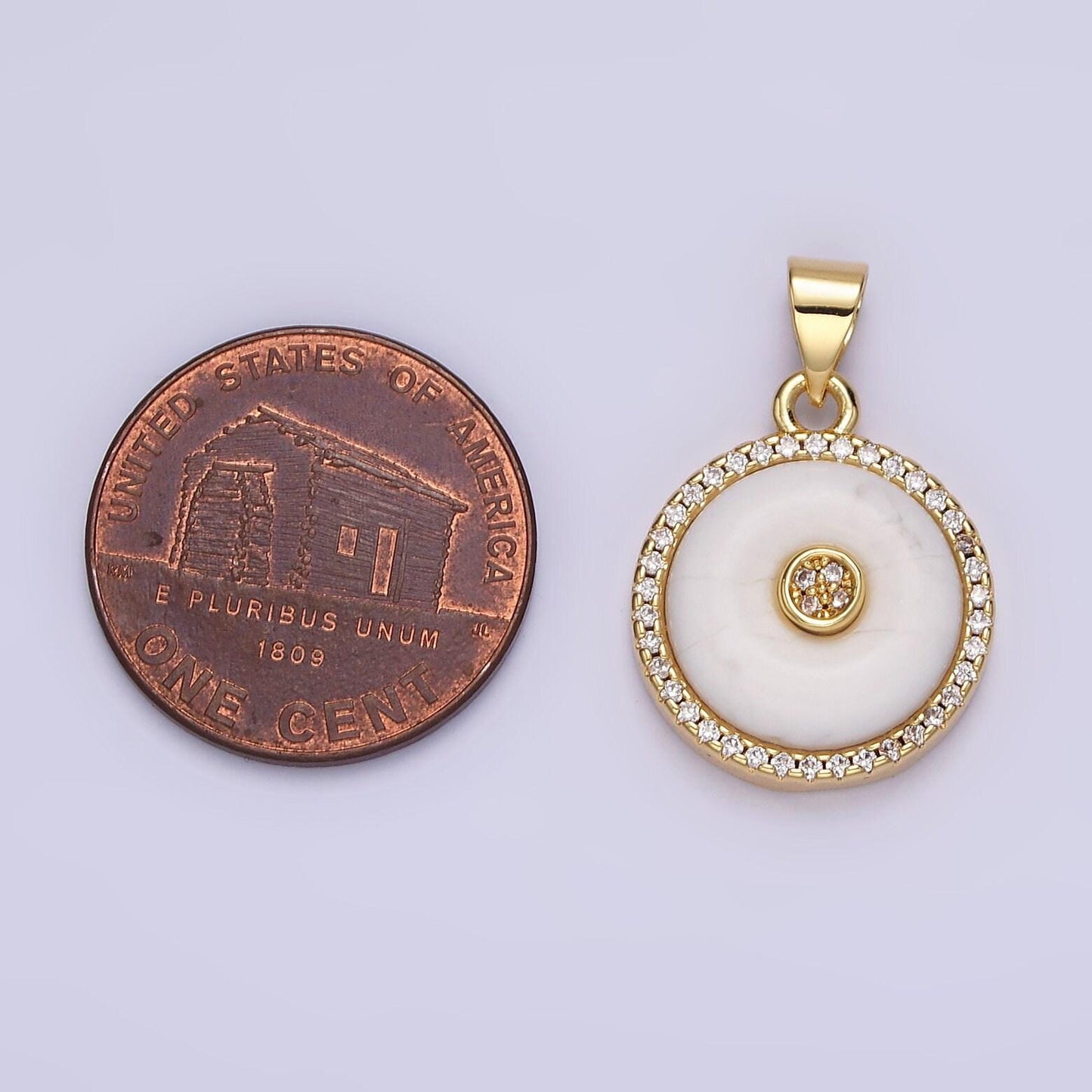 14k gold filled orange cat's eye, white howlite donut natural gemstone micro paved cz round pendant | aa662 aa663