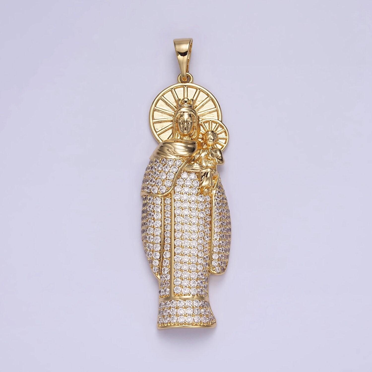14k gold filled 65mm double sunburst lady guadalupe clear micro paved pendant | aa648