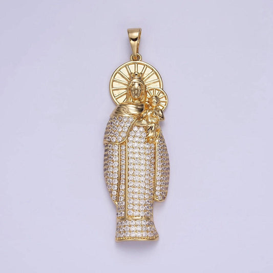 14k gold filled 65mm double sunburst lady guadalupe clear micro paved pendant | aa648