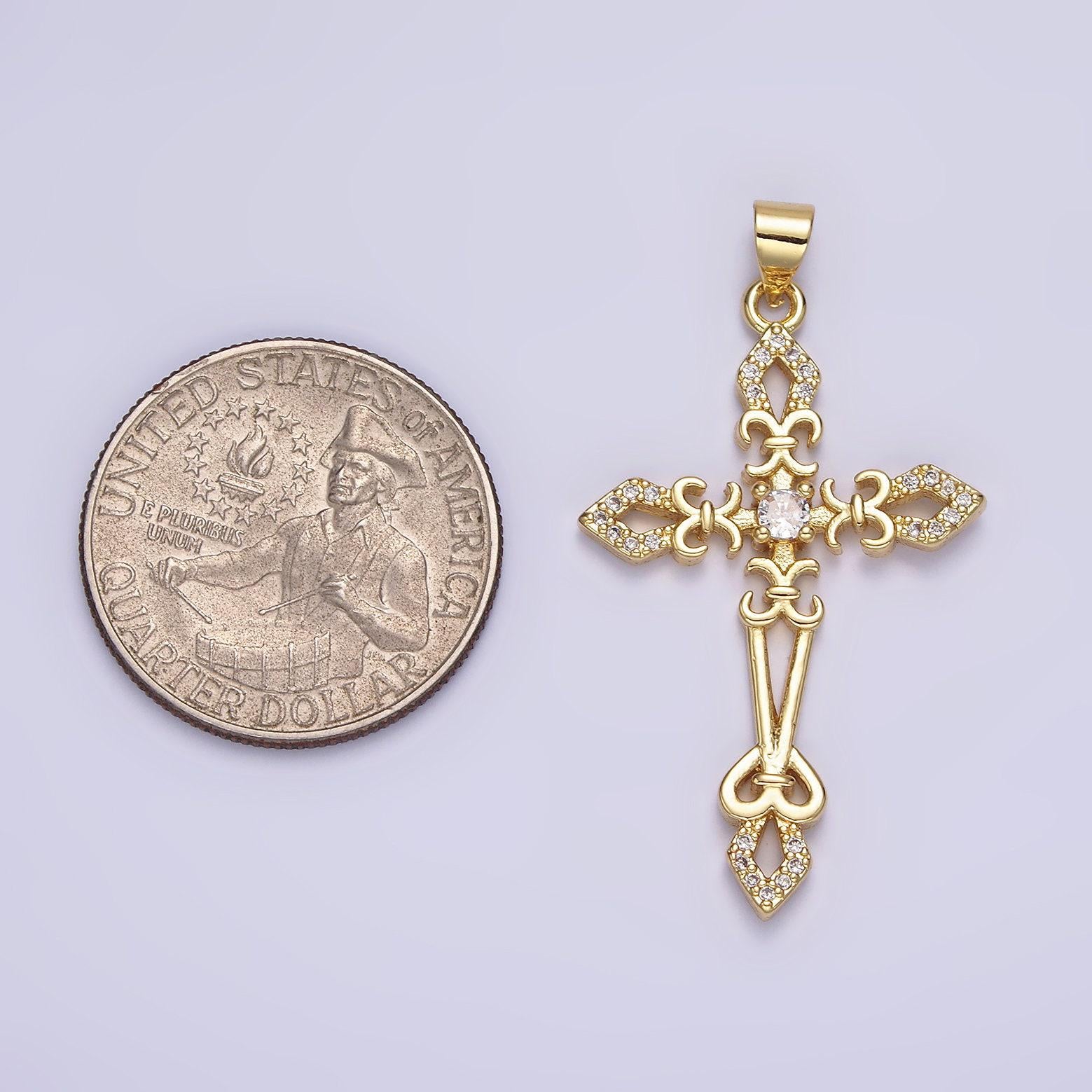 14k gold filled clear cz micro paved fleur de lis open passion cross artisan pendant | aa638