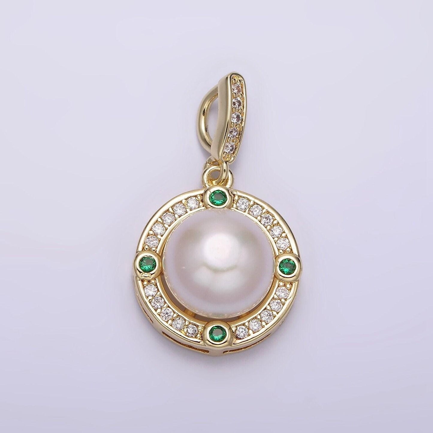 14k gold filled round shell pearl green cz clear micro paved cz bail pendant | aa631