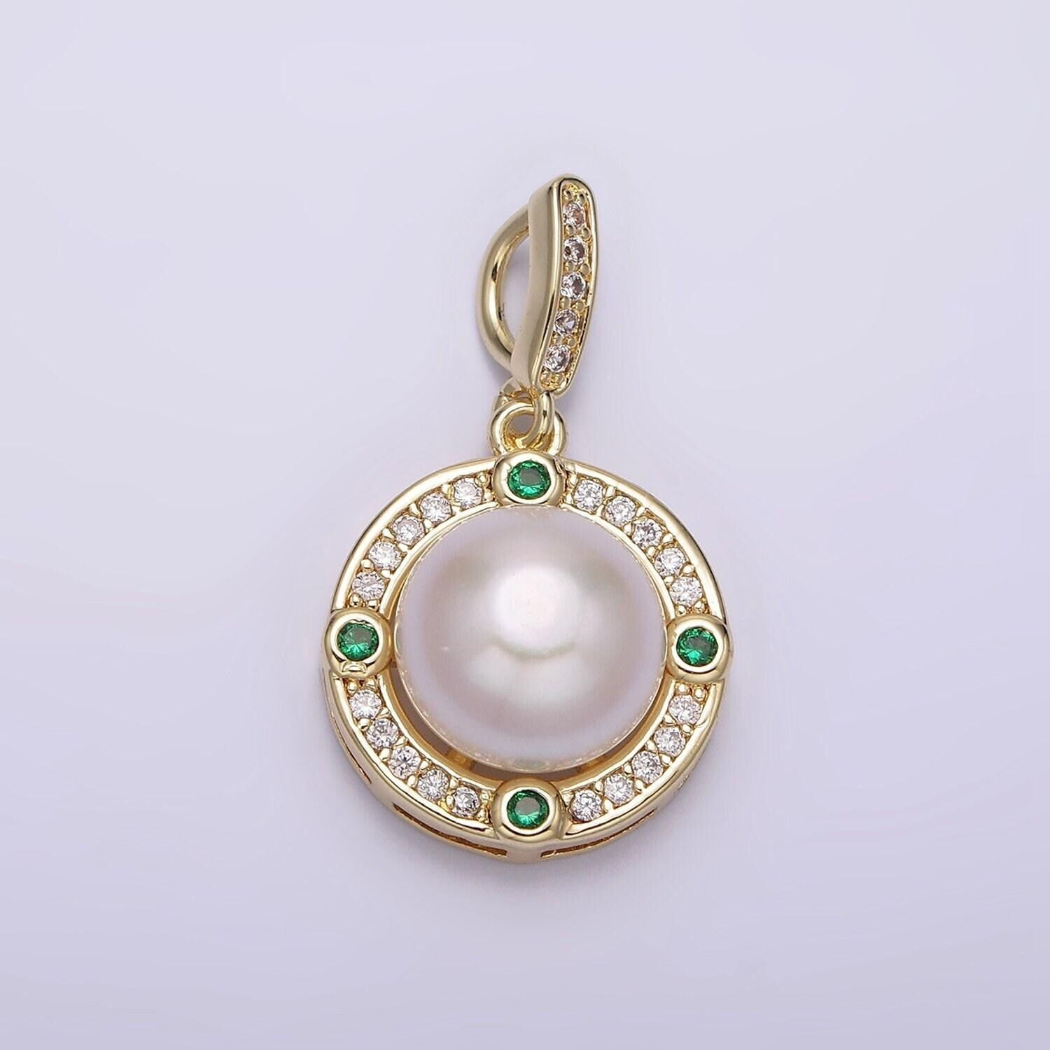 14k gold filled round shell pearl green cz clear micro paved cz bail pendant | aa631