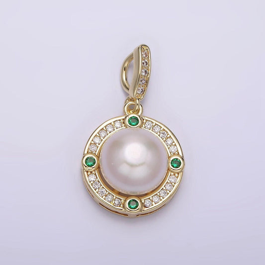 14k gold filled round shell pearl green cz clear micro paved cz bail pendant | aa631