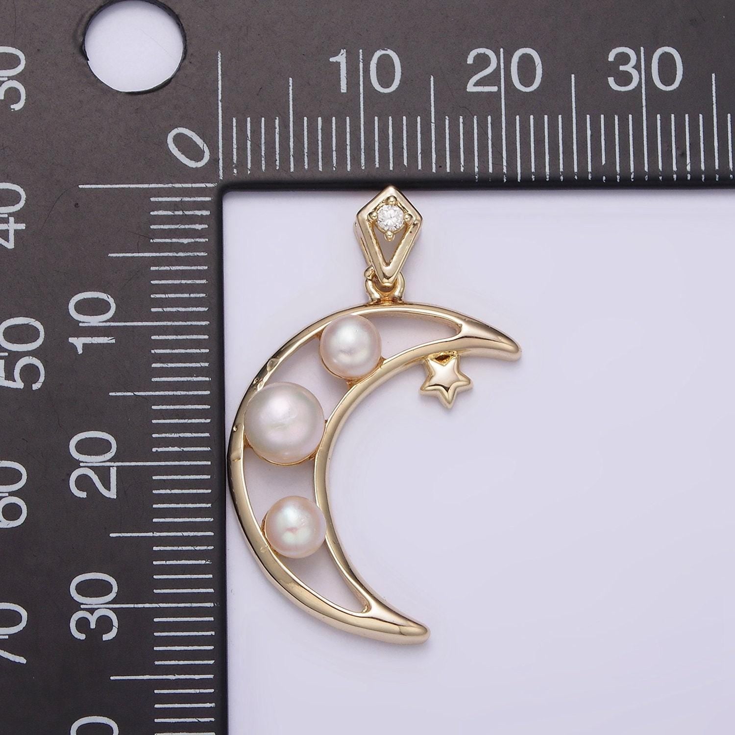 14k gold filled open celestial crescent moon triple pearl star cz bail pendant | aa634
