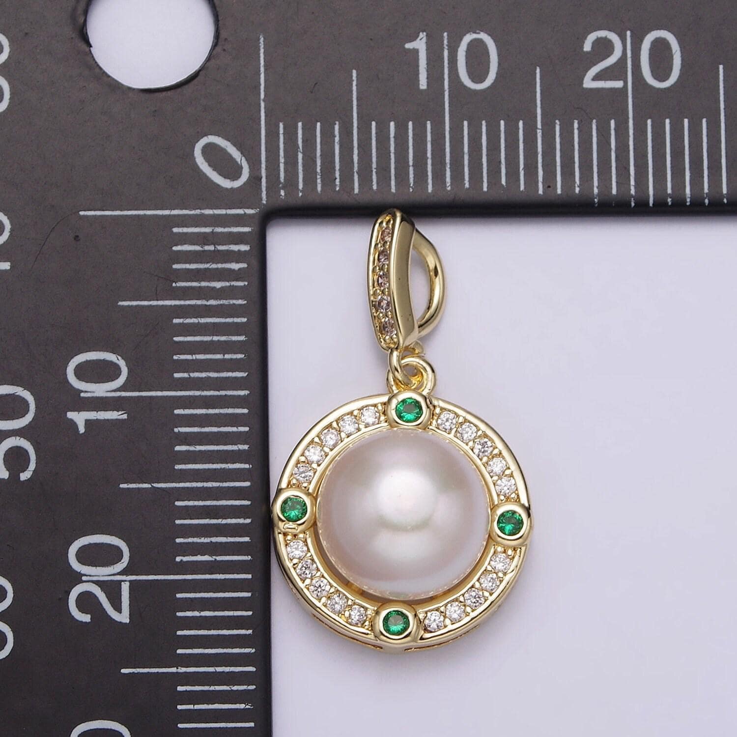 14k gold filled round shell pearl green cz clear micro paved cz bail pendant | aa631