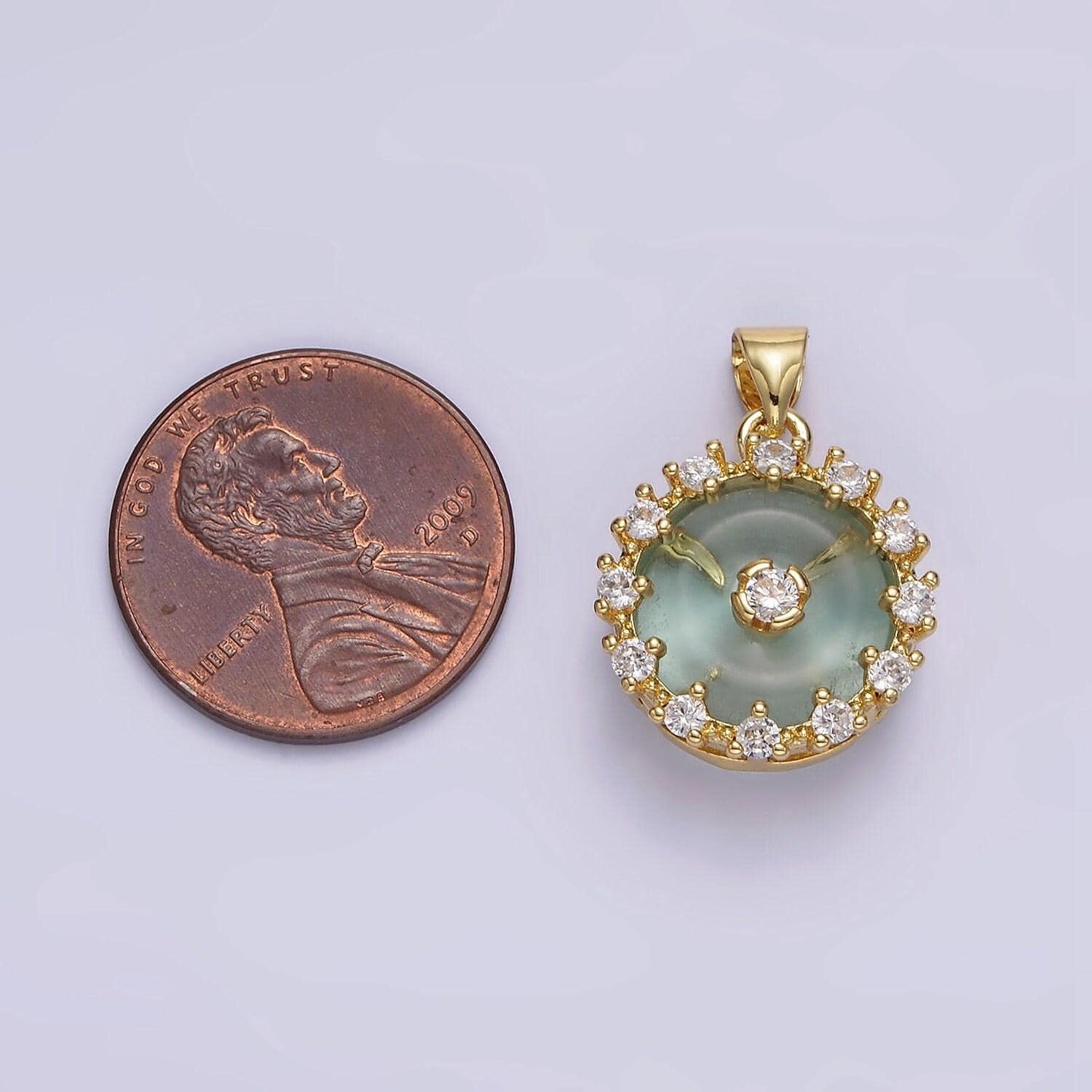 14k gold filled natural gemstone fluorite donut clear cz round outline pendant | aa606