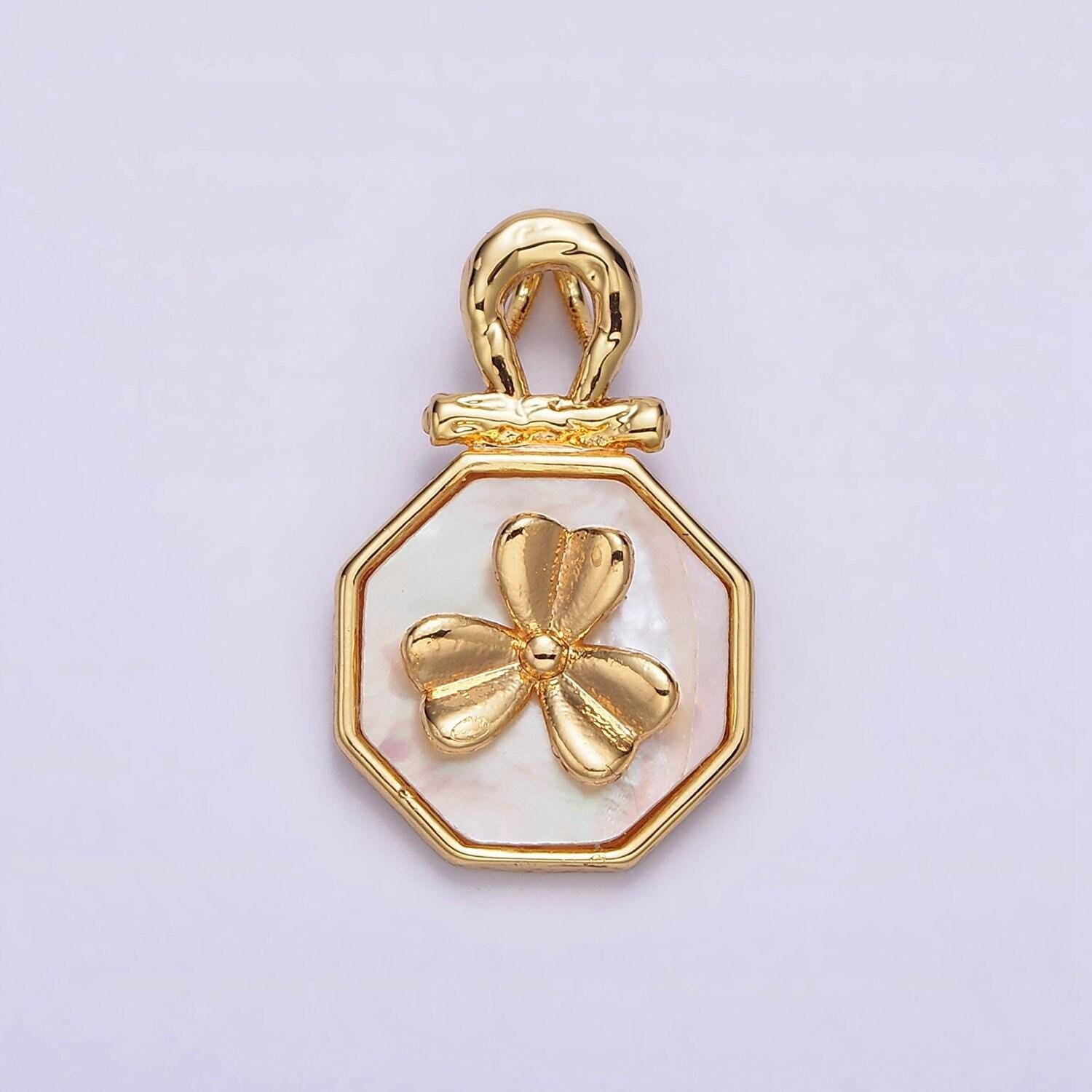 24k gold filled clover shell pearl molten bail hexagonal pendant | aa604