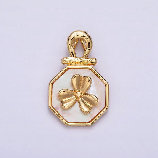 24k gold filled clover shell pearl molten bail hexagonal pendant | aa604
