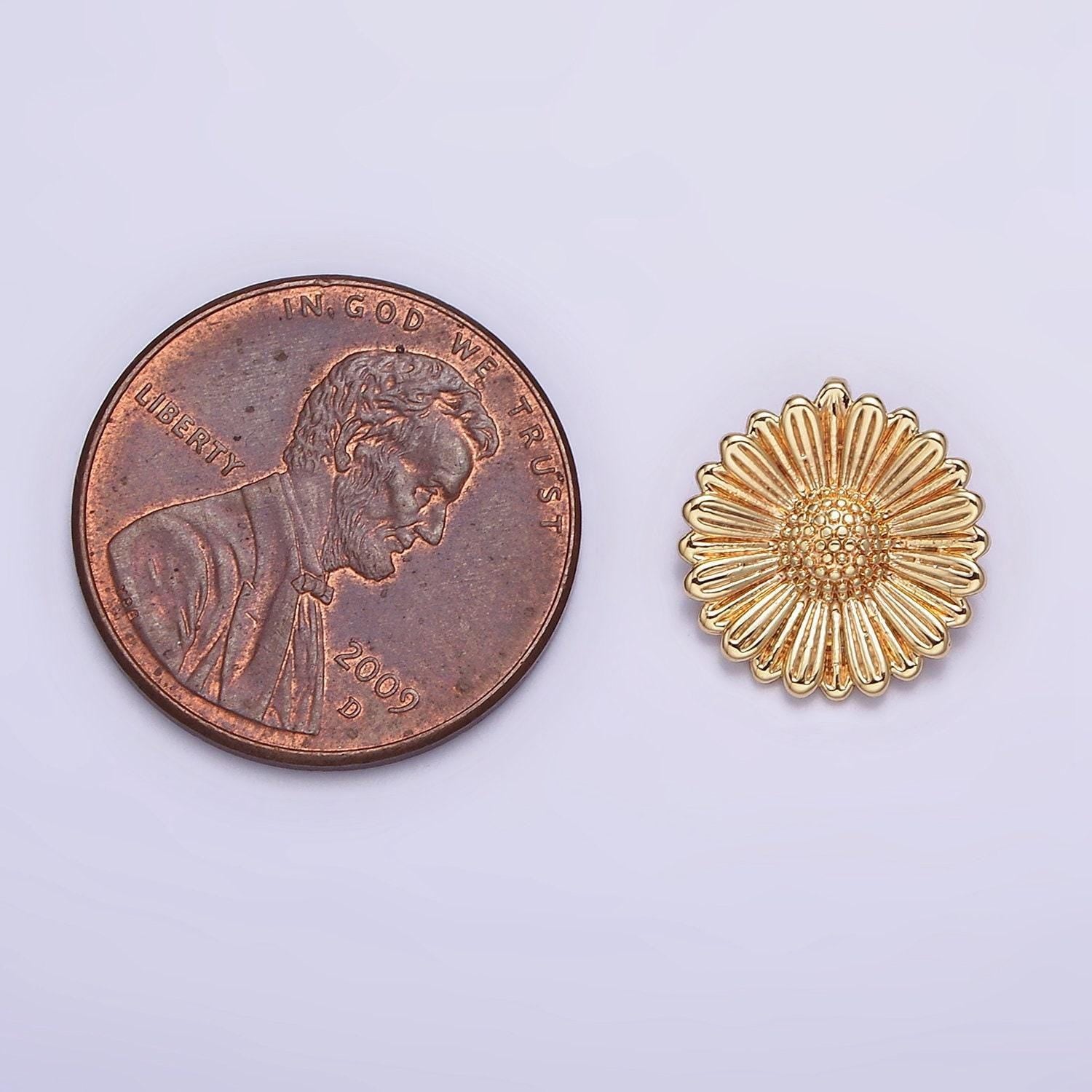 16k gold filled sunflower textured round pendant flower charm | aa603