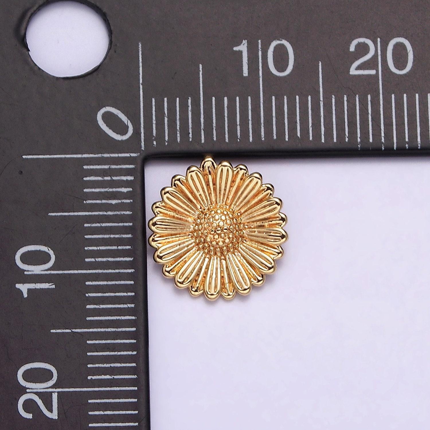 16k gold filled sunflower textured round pendant flower charm | aa603
