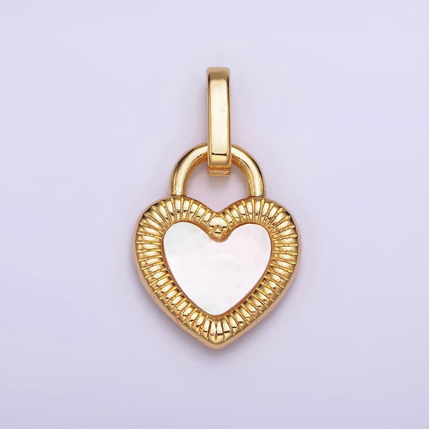 24k gold filled double sided shell pearl onyx line-textured heart lock pendant | aa601