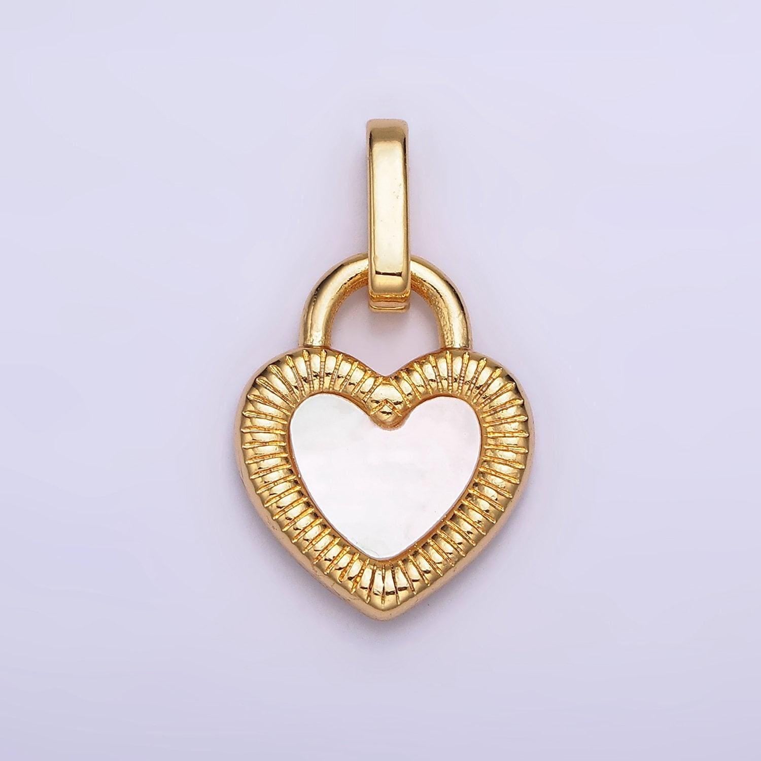 24k gold filled double sided shell pearl onyx line-textured heart lock pendant | aa601