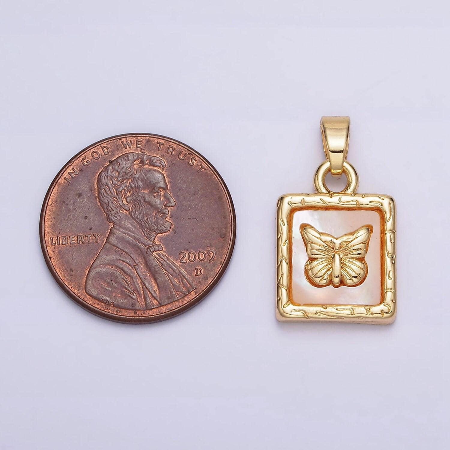 24k gold filled butterfly mariposa shell pearl line-textured square pendant | aa594