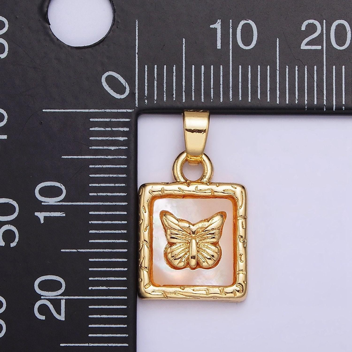 24k gold filled butterfly mariposa shell pearl line-textured square pendant | aa594