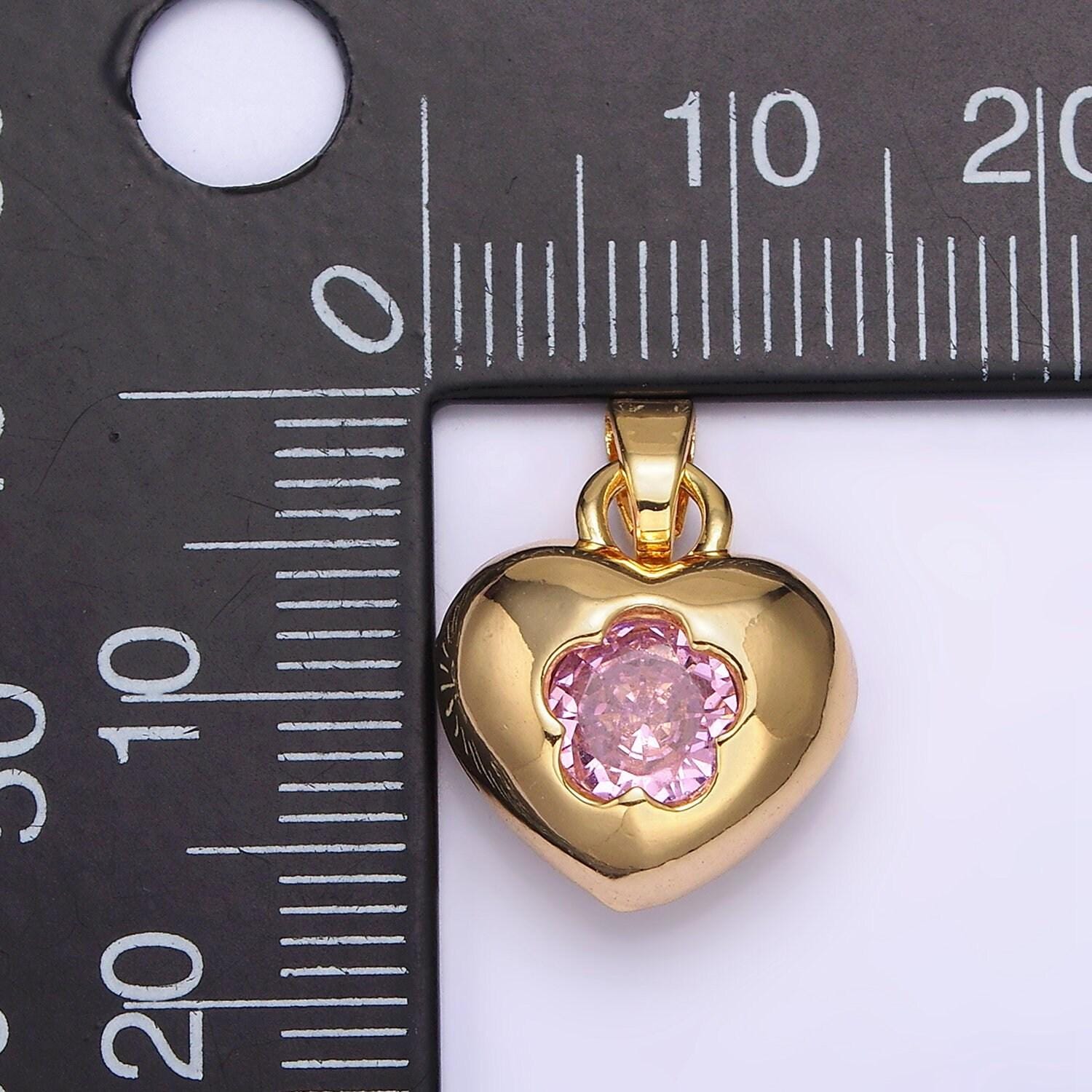 24k gold filled clear, pink flower cz open heart pendant | aa590 aa591